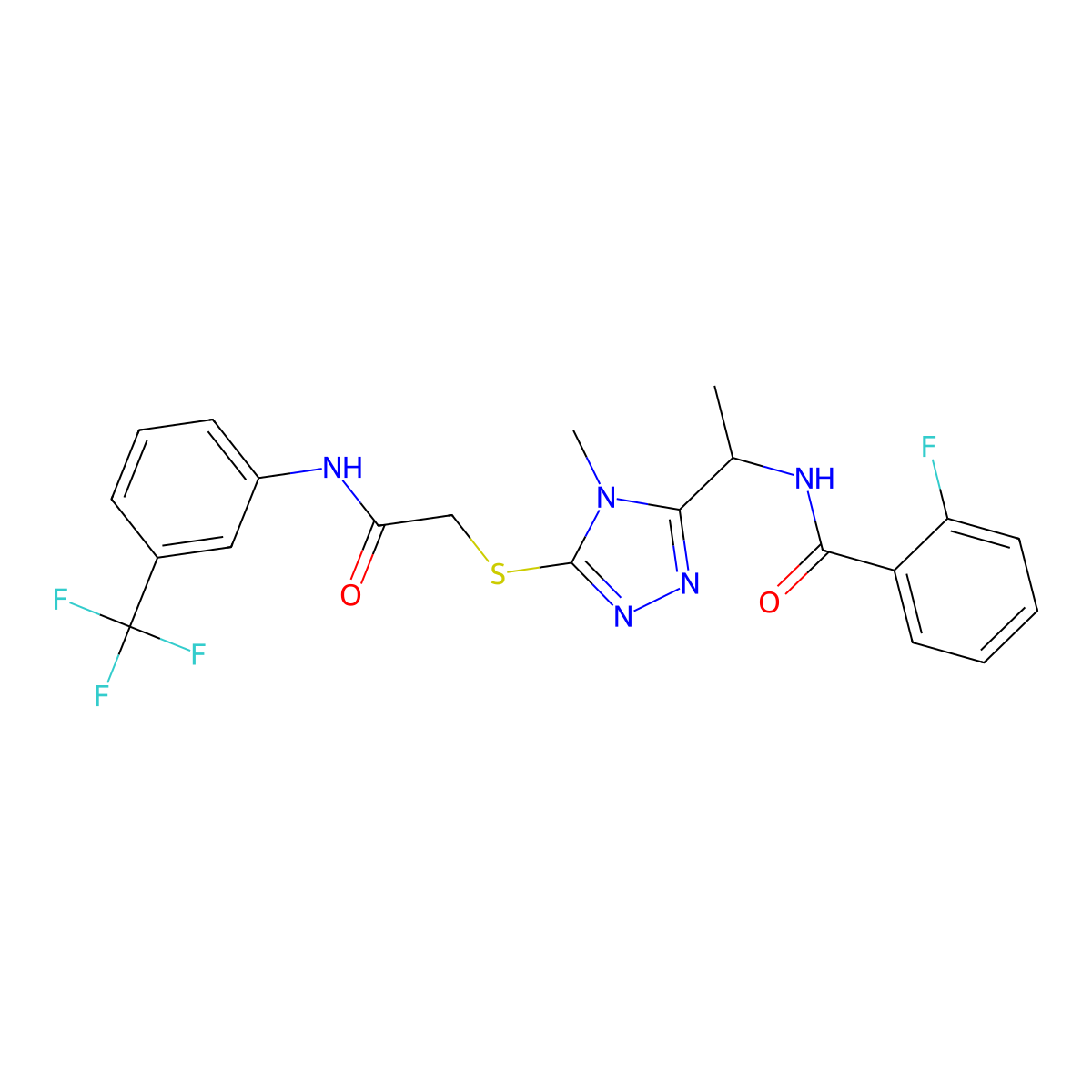 2-fluoro-N-(1-{4-methyl-5-[(2-oxo-2-{[3-(trifluoromethyl)phenyl]amino}ethyl)sulfanyl]-4H-1,2,4-triazol-3-yl}ethyl)benzamide molecular structure, CAS 714282-10-7