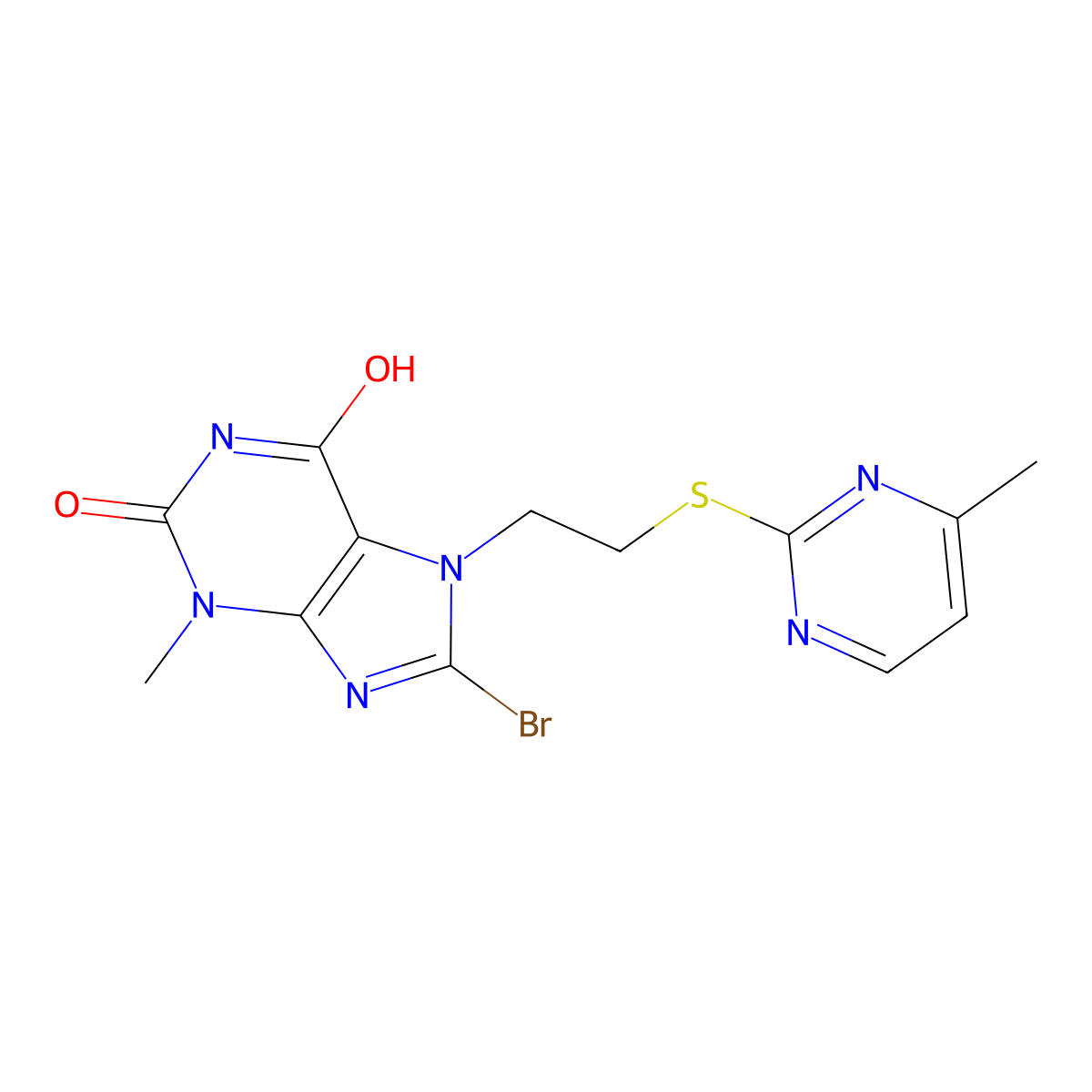 8-bromo-3-methyl-7-(2-((4-methylpyrimidin-2-yl)thio)ethyl)-1H-purine-2,6(3H,7H)-dione molecular structure, CAS 714284-58-9