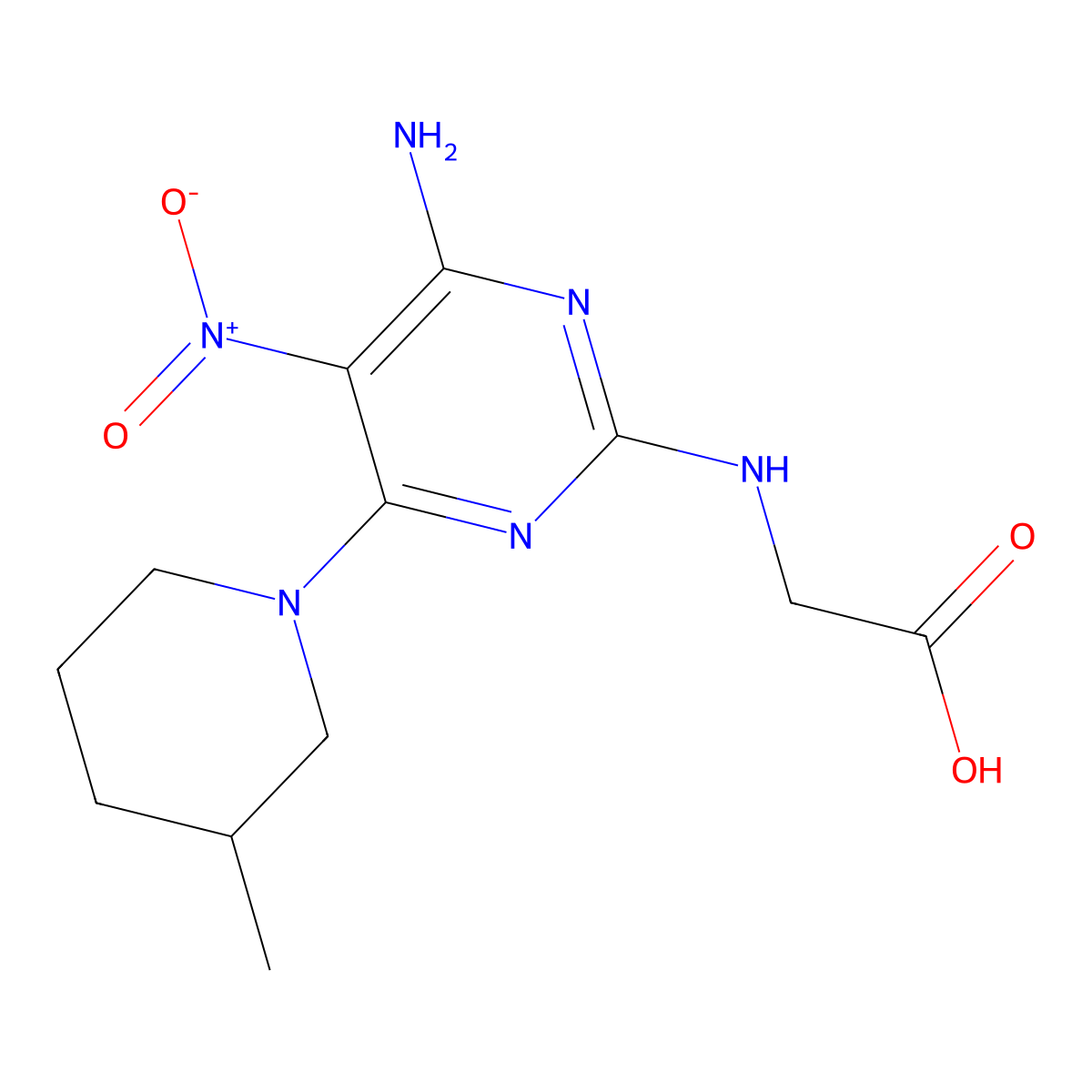 2-((4-Amino-6-(3-methylpiperidin-1-yl)-5-nitropyrimidin-2-yl)amino)acetic acid molecular structure, CAS 714285-83-3