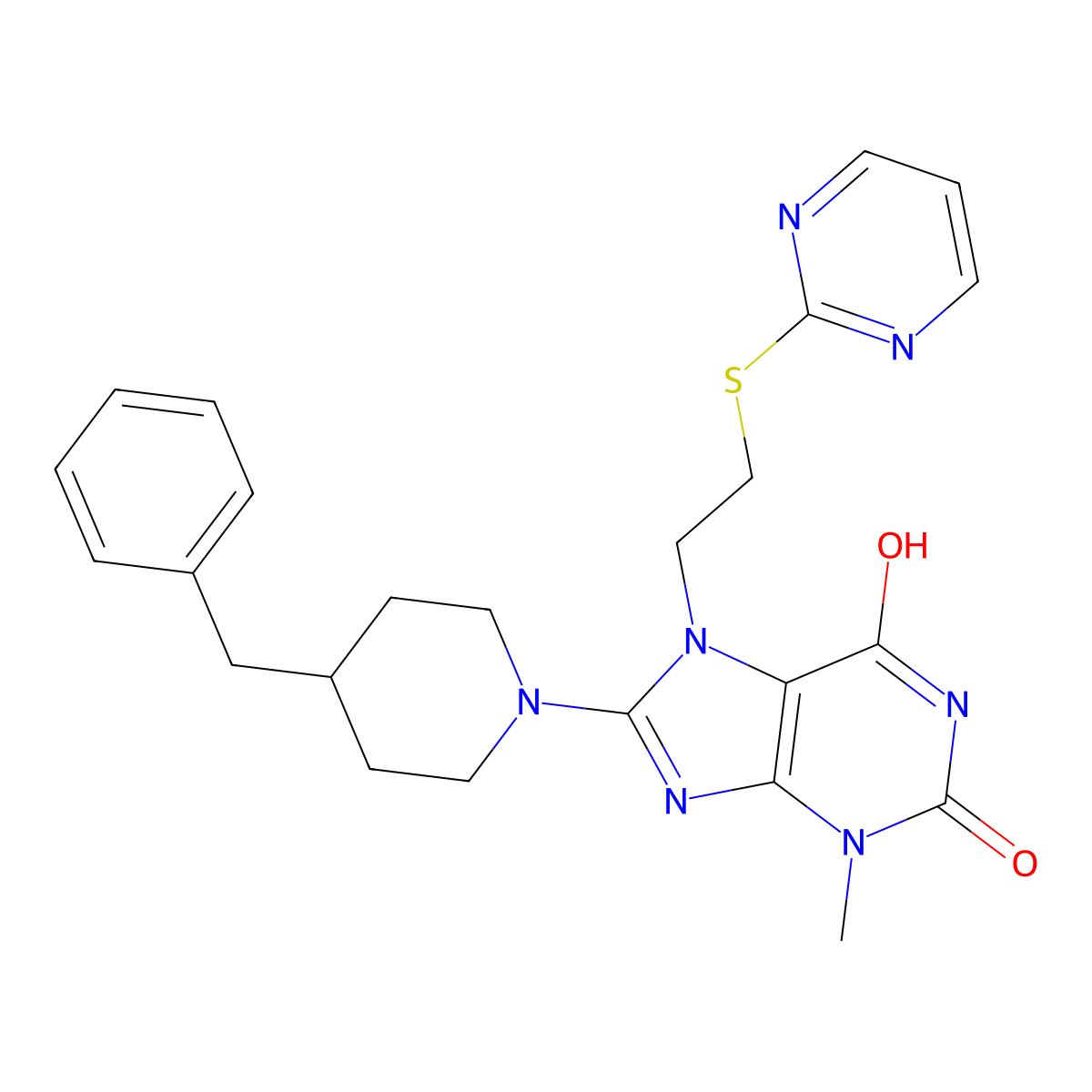 8-(4-benzylpiperidin-1-yl)-3-methyl-7-(2-(pyrimidin-2-ylthio)ethyl)-1H-purine-2,6(3H,7H)-dione molecular structure, CAS 714285-95-7