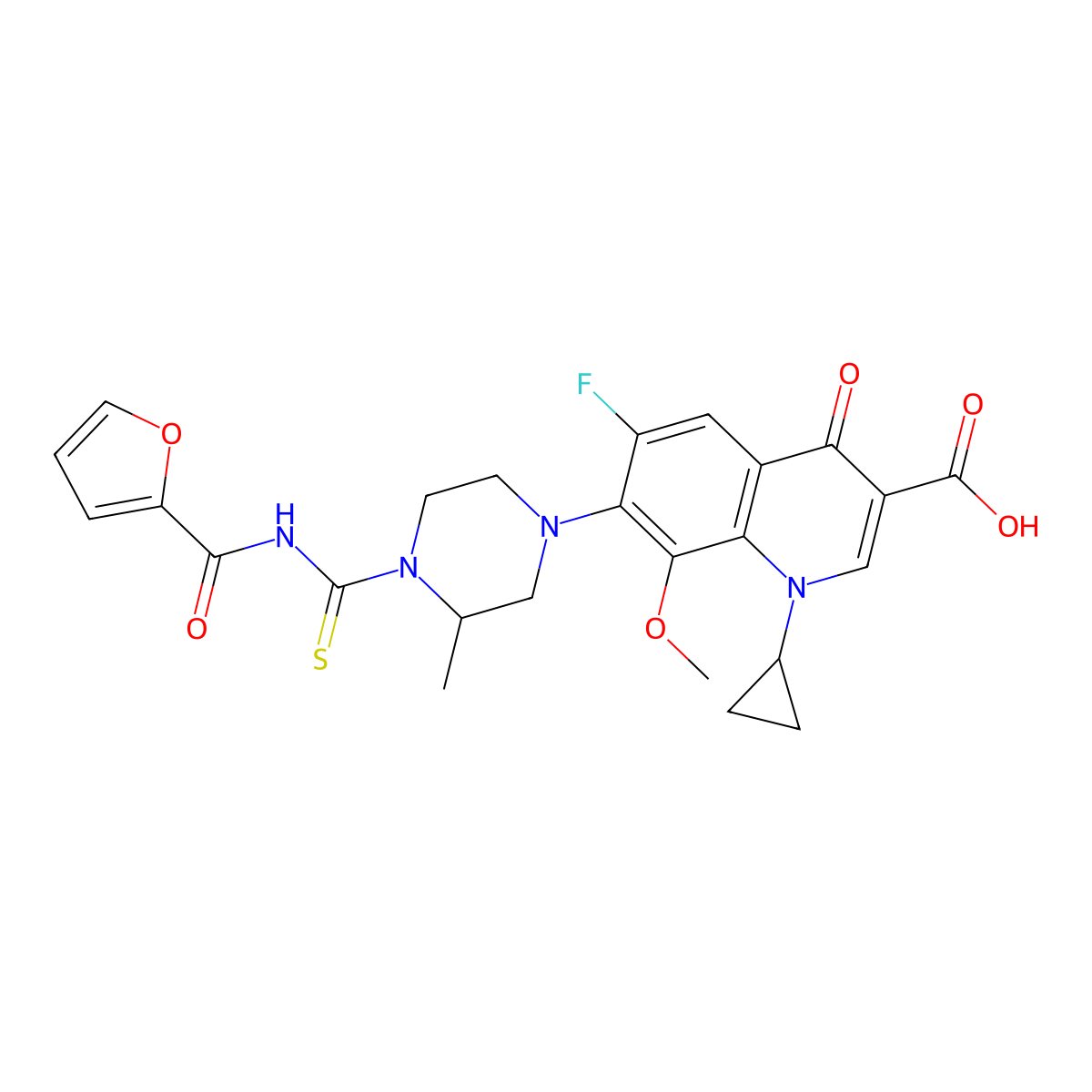 1-Cyclopropyl-6-fluoro-7-[4-(furan-2-carbonylcarbamothioyl)-3-methylpiperazin-1-yl]-8-methoxy-4-oxoquinoline-3-carboxylic acid molecular structure, CAS 714290-19-4