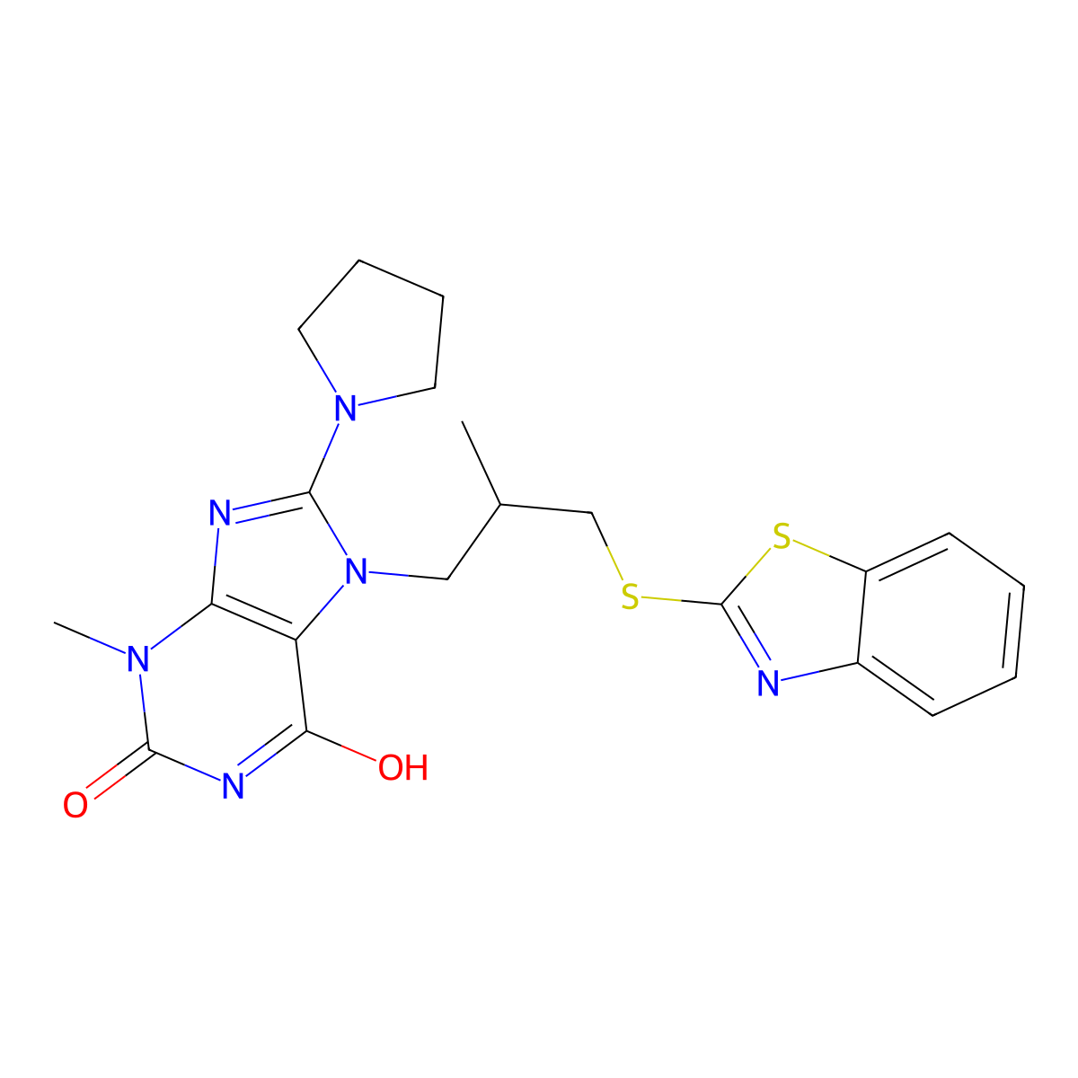 7-[3-(1,3-Benzothiazol-2-ylsulfanyl)-2-methylpropyl]-3-methyl-8-pyrrolidin-1-ylpurine-2,6-dione molecular structure, CAS 714290-44-5