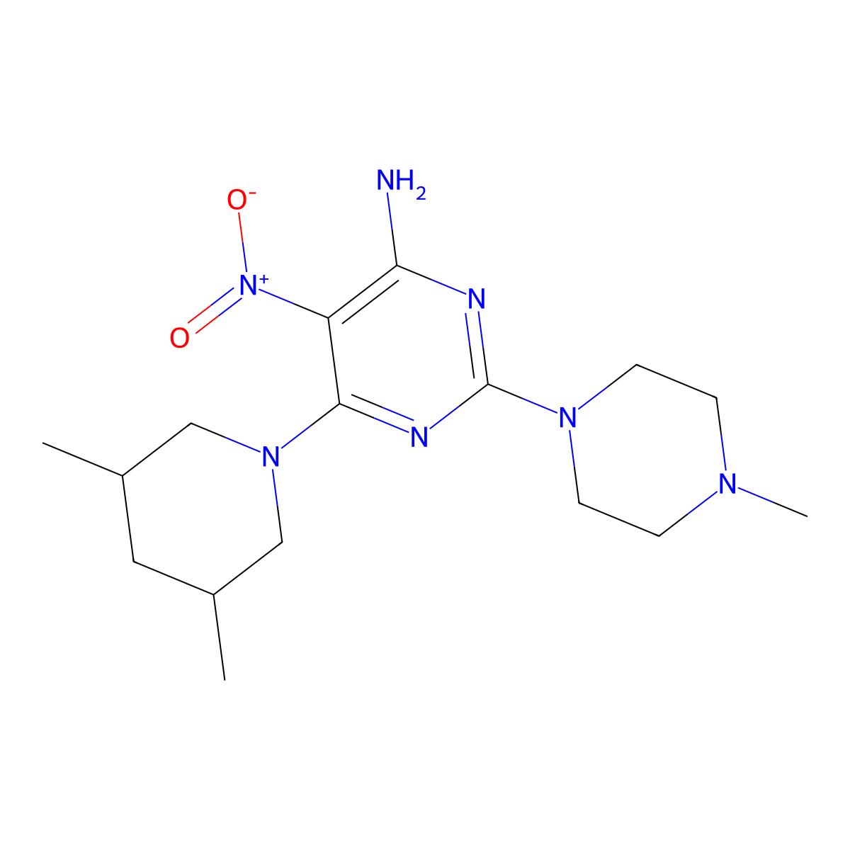 6-(3,5-Dimethylpiperidin-1-yl)-2-(4-methylpiperazin-1-yl)-5-nitropyrimidin-4-amine molecular structure, CAS 714290-46-7