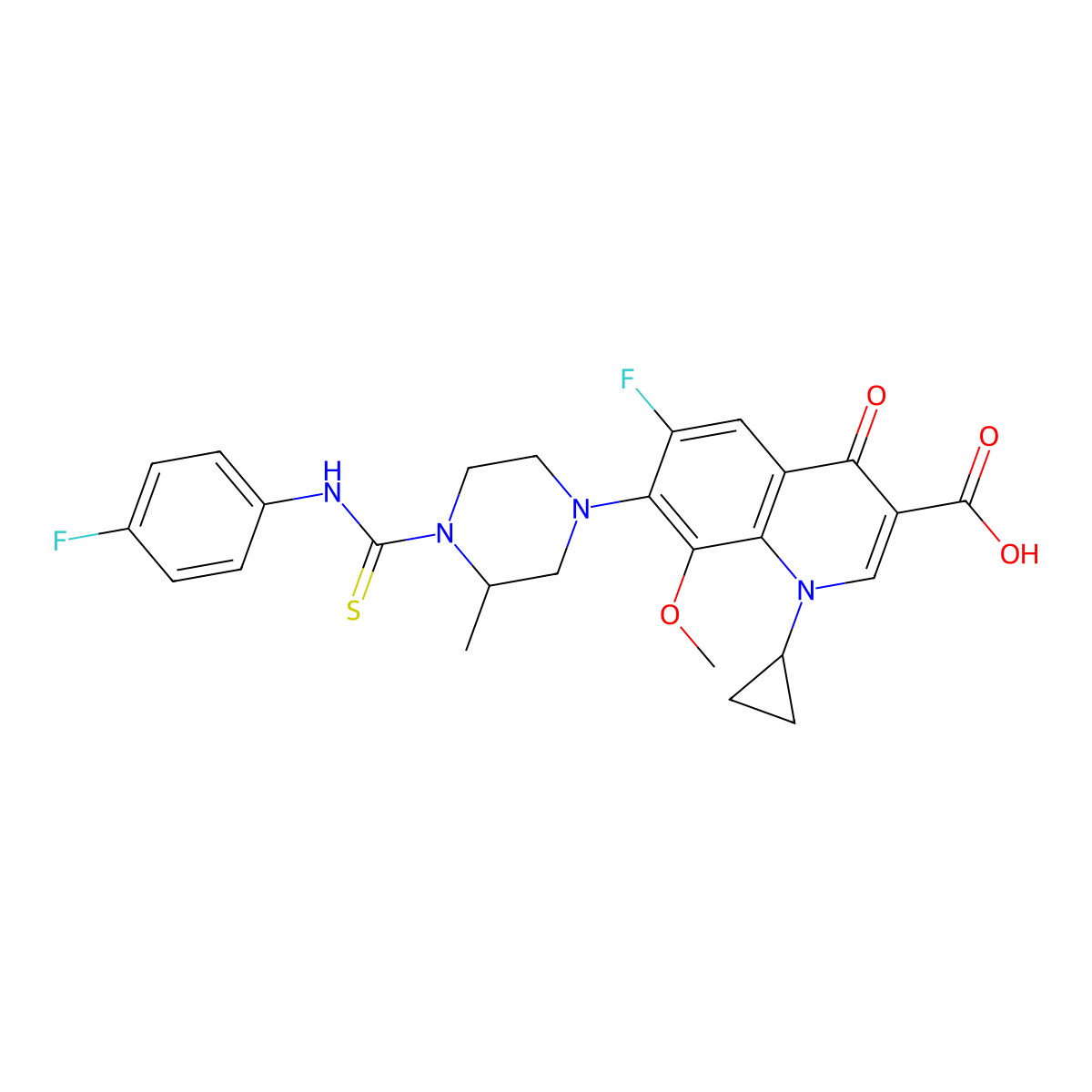 1-Cyclopropyl-6-fluoro-7-[4-[(4-fluorophenyl)carbamothioyl]-3-methylpiperazin-1-yl]-8-methoxy-4-oxoquinoline-3-carboxylic acid molecular structure, CAS 714291-18-6