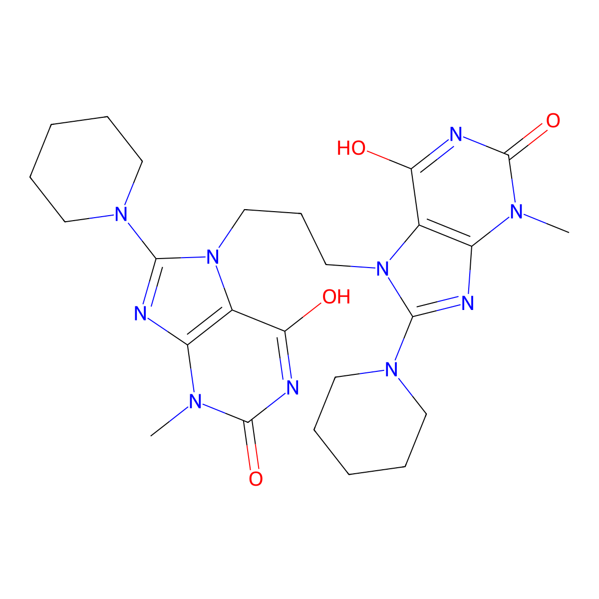 3-Methyl-7-[3-(3-methyl-2,6-dioxo-8-piperidin-1-ylpurin-7-yl)propyl]-8-piperidin-1-ylpurine-2,6-dione molecular structure, CAS 714291-55-1