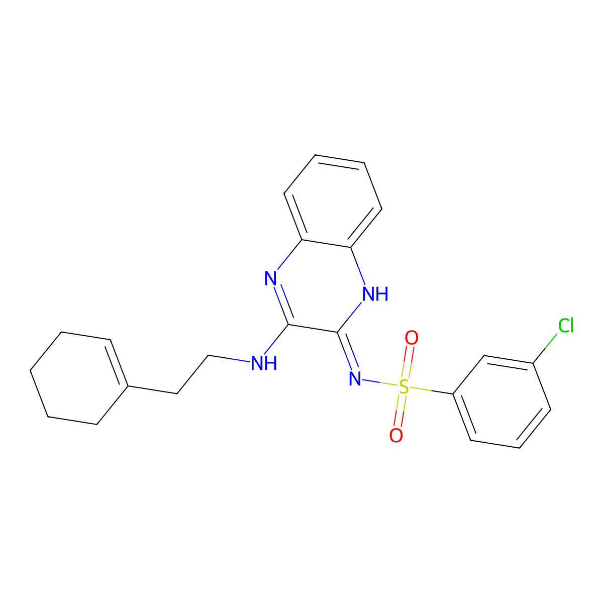 3-chloro-N-(3-((2-(cyclohex-1-en-1-yl)ethyl)amino)quinoxalin-2-yl)benzenesulfonamide molecular structure, CAS 714292-09-8