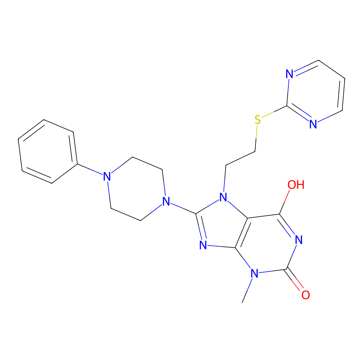 3-methyl-8-(4-phenylpiperazin-1-yl)-7-(2-(pyrimidin-2-ylthio)ethyl)-1H-purine-2,6(3H,7H)-dione molecular structure, CAS 714292-19-0