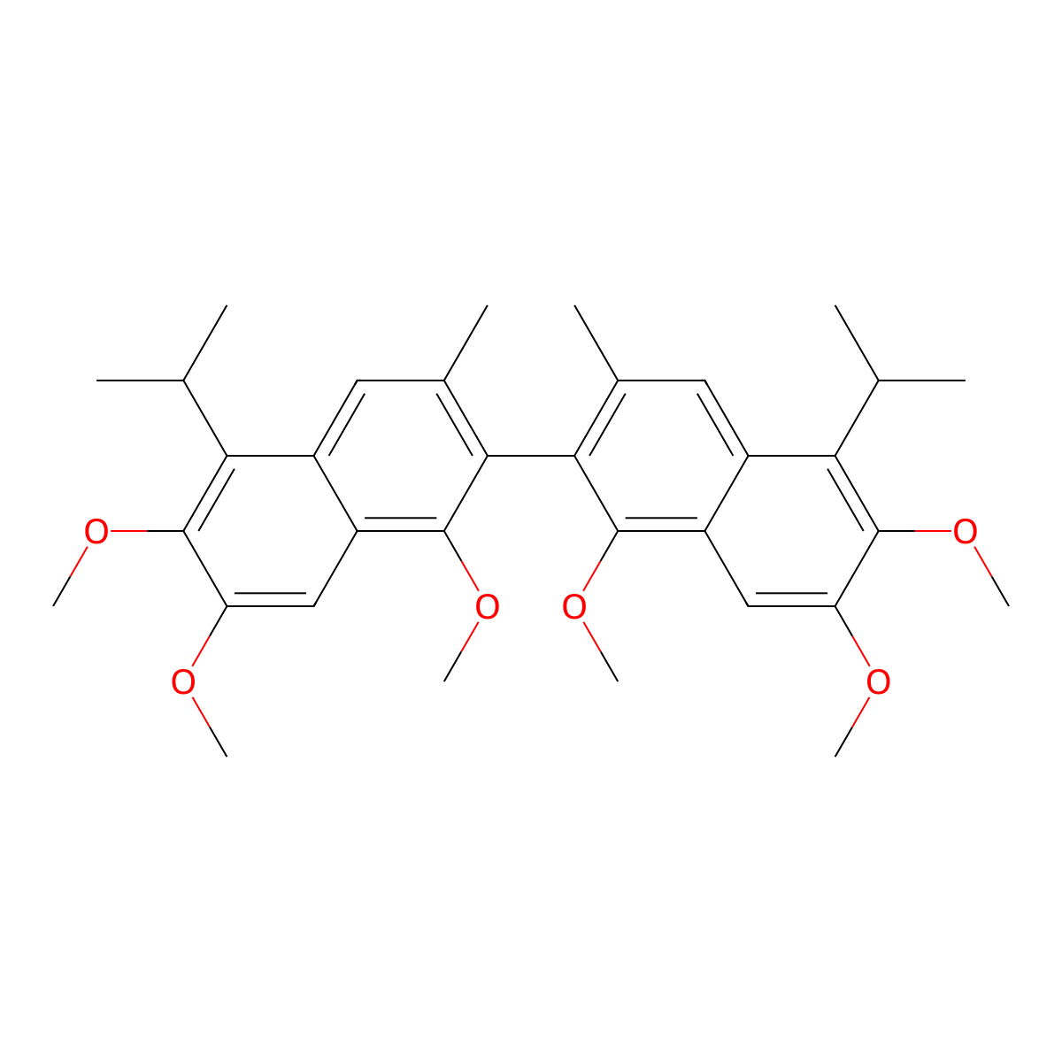 2,2'-Binaphthalene, 1,1',6,6',7,7'-hexamethoxy-3,3'-dimethyl-5,5'-bis(1-methylethyl)- molecular structure, CAS 7144-61-8