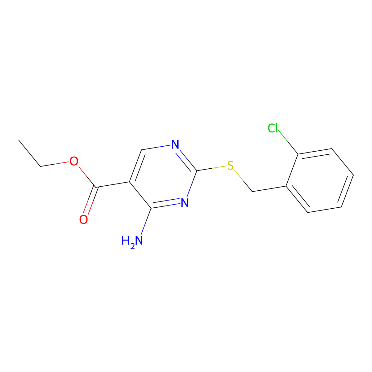 Ethyl 4-amino-2-[(2-chlorophenyl)methylsulfanyl]pyrimidine-5-carboxylate molecular structure, CAS 7149-61-3