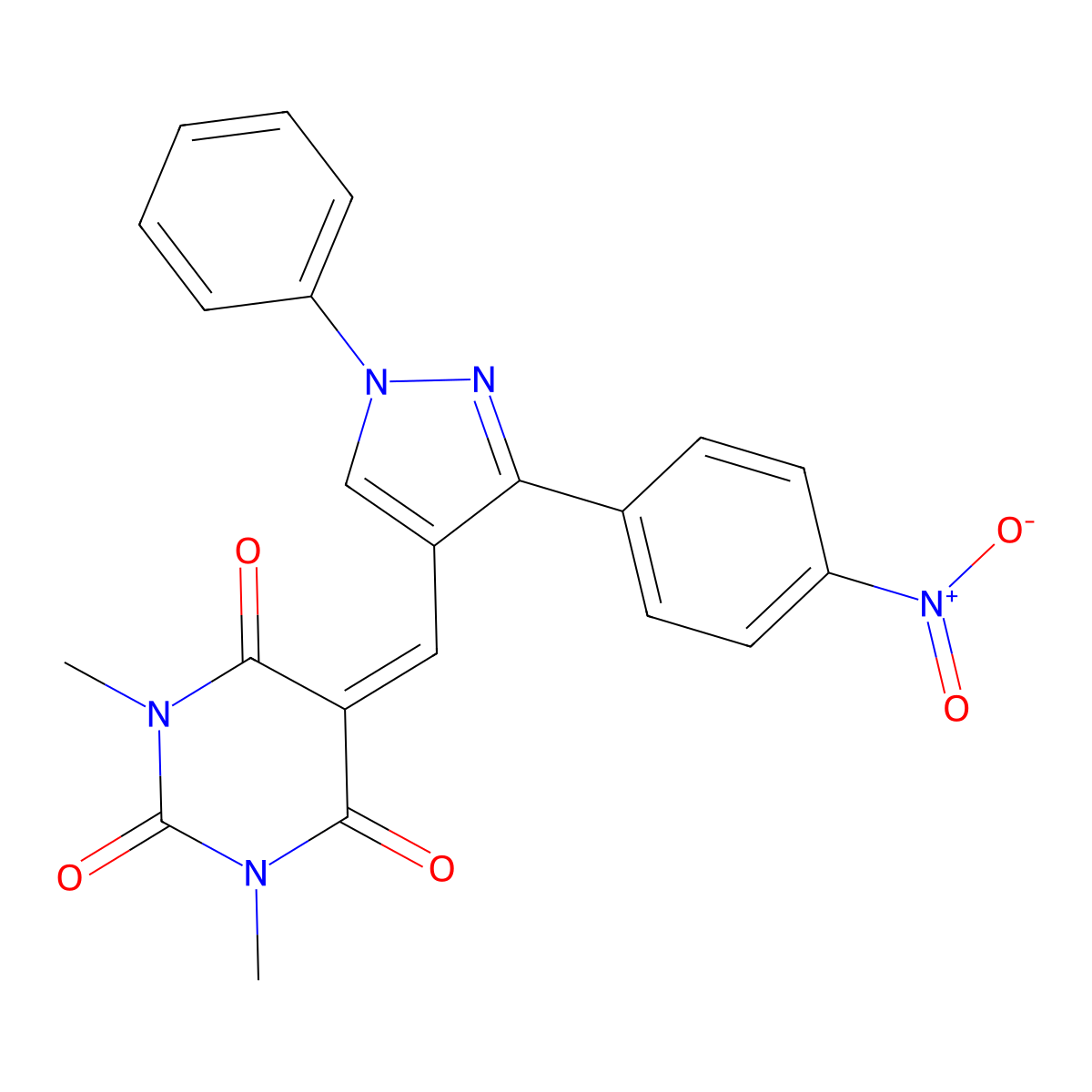 1,3-dimethyl-5-{[3-(4-nitrophenyl)-1-phenyl-1H-pyrazol-4-yl]methylidene}-1,3-diazinane-2,4,6-trione molecular structure, CAS 714915-11-4