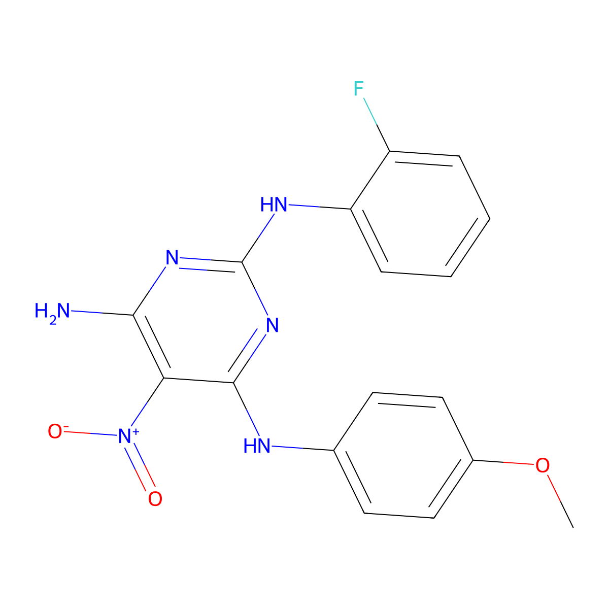 N2-(2-fluorophenyl)-N4-(4-methoxyphenyl)-5-nitropyrimidine-2,4,6-triamine molecular structure, CAS 714917-94-9