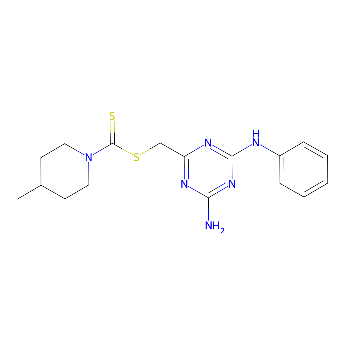 (4-Amino-6-anilino-1,3,5-triazin-2-yl)methyl 4-methylpiperidine-1-carbodithioate molecular structure, CAS 714918-39-5