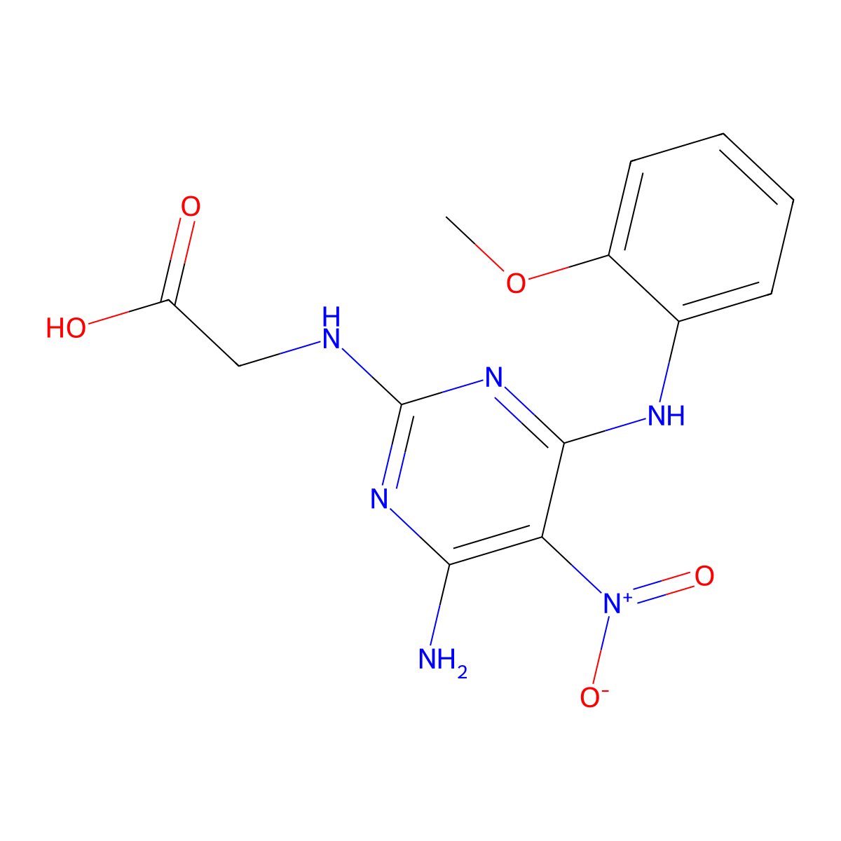 2-((4-Amino-6-((2-methoxyphenyl)amino)-5-nitropyrimidin-2-yl)amino)acetic acid molecular structure, CAS 714924-42-2