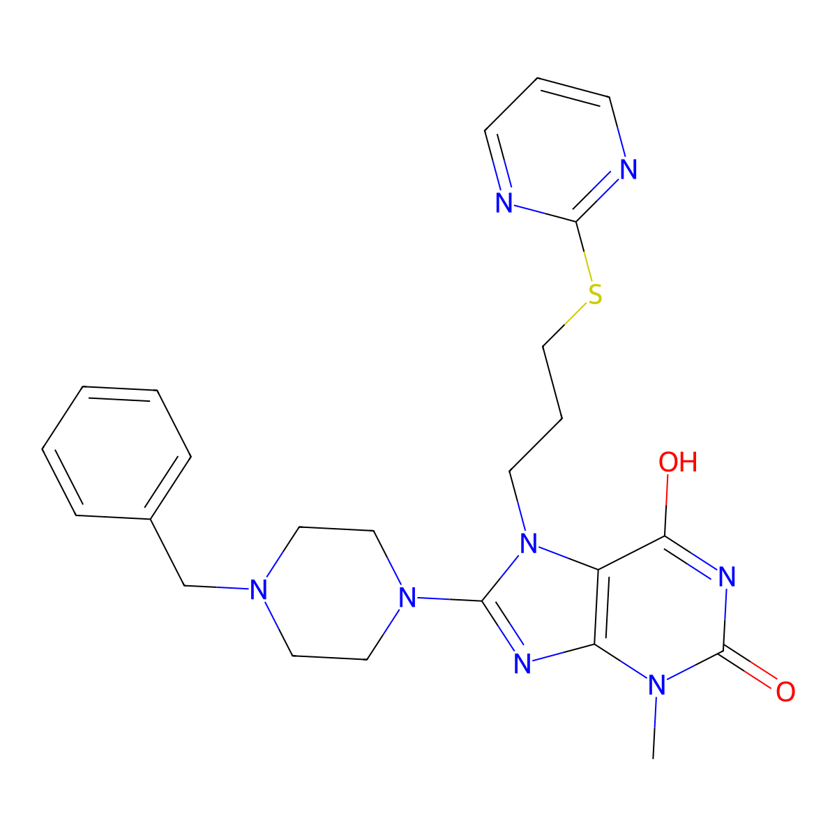 8-(4-Benzylpiperazin-1-yl)-3-methyl-7-(3-pyrimidin-2-ylsulfanylpropyl)purine-2,6-dione molecular structure, CAS 714926-14-4