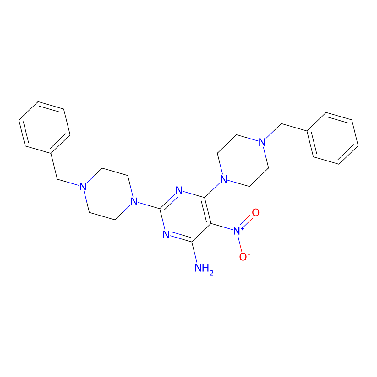 2,6-Bis(4-benzylpiperazin-1-yl)-5-nitropyrimidin-4-amine molecular structure, CAS 714927-12-5