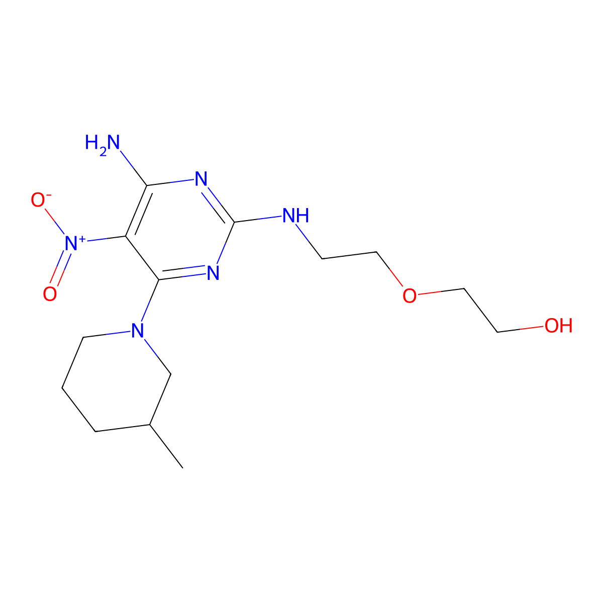 2-(2-((4-Amino-6-(3-methylpiperidin-1-yl)-5-nitropyrimidin-2-yl)amino)ethoxy)ethanol molecular structure, CAS 714928-70-8