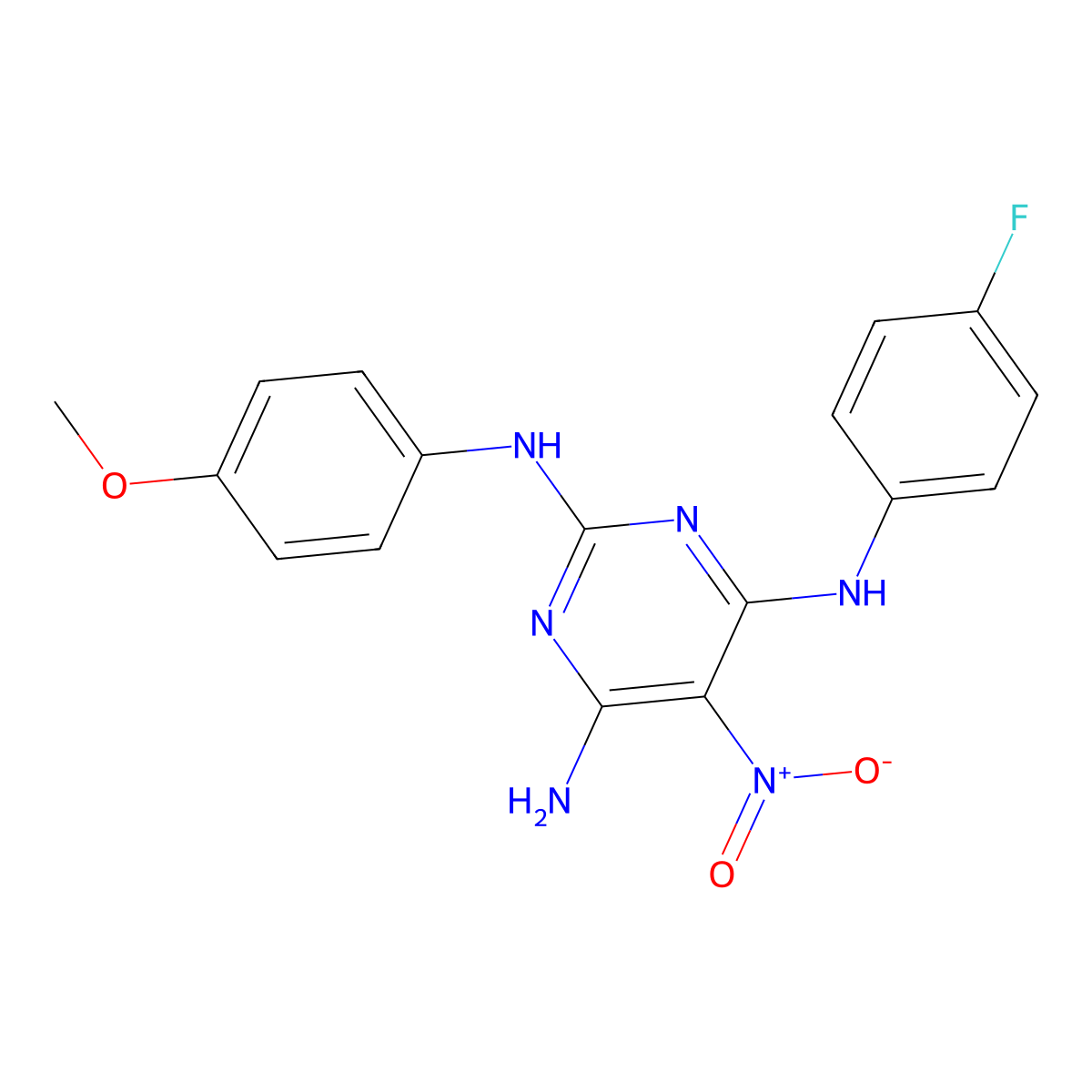 N4-(4-fluorophenyl)-N2-(4-methoxyphenyl)-5-nitropyrimidine-2,4,6-triamine molecular structure, CAS 714931-21-2