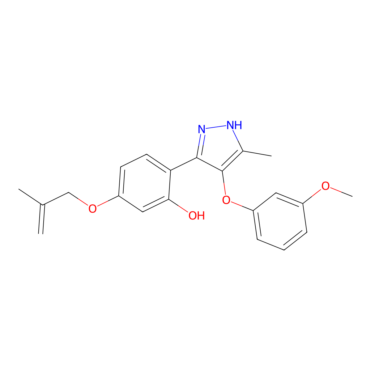 2-(4-(3-methoxyphenoxy)-5-methyl-1H-pyrazol-3-yl)-5-((2-methylallyl)oxy)phenol molecular structure, CAS 714938-62-2