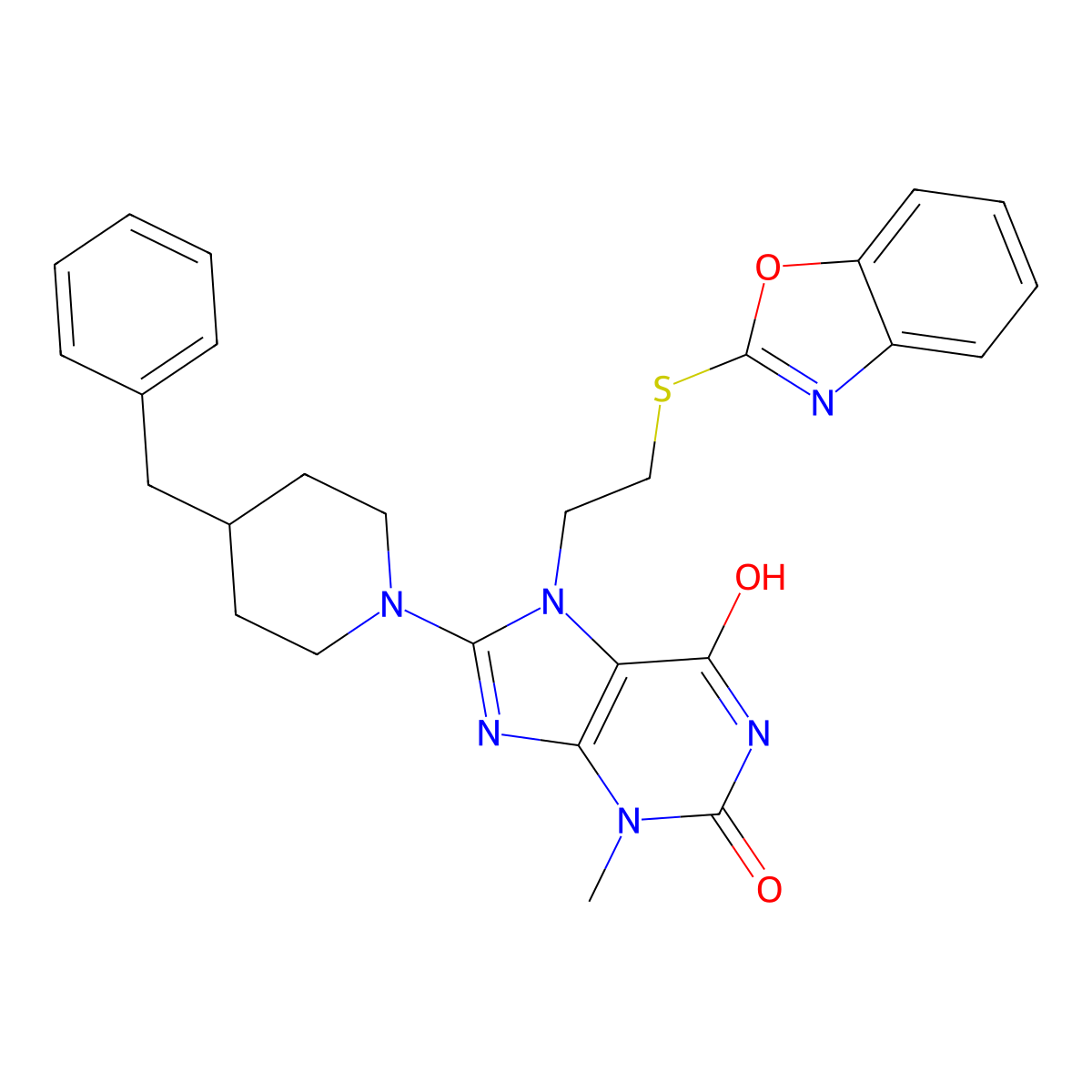 7-(2-(benzo[d]oxazol-2-ylthio)ethyl)-8-(4-benzylpiperidin-1-yl)-3-methyl-1H-purine-2,6(3H,7H)-dione molecular structure, CAS 714939-85-2