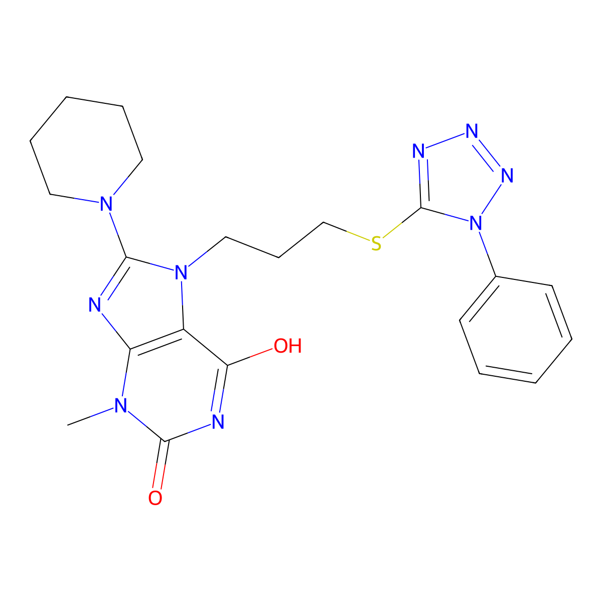 3-Methyl-7-[3-(1-phenyl-1H-tetrazol-5-ylsulfanyl)-propyl]-8-piperidin-1-yl-3,7-dihydro-purine-2,6-dione molecular structure, CAS 714940-12-2