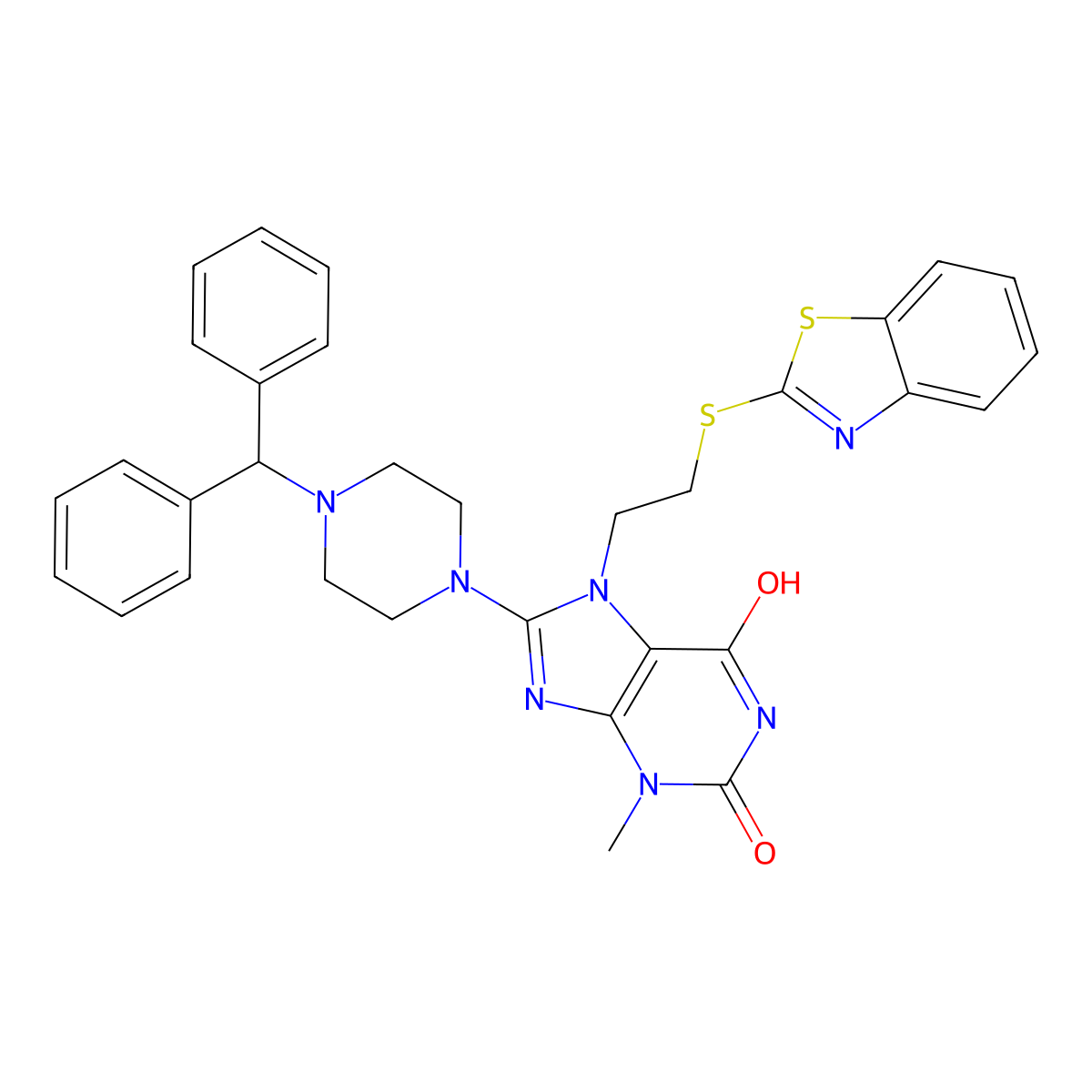 8-(4-benzhydrylpiperazin-1-yl)-7-(2-(benzo[d]thiazol-2-ylthio)ethyl)-3-methyl-1H-purine-2,6(3H,7H)-dione molecular structure, CAS 714942-22-0