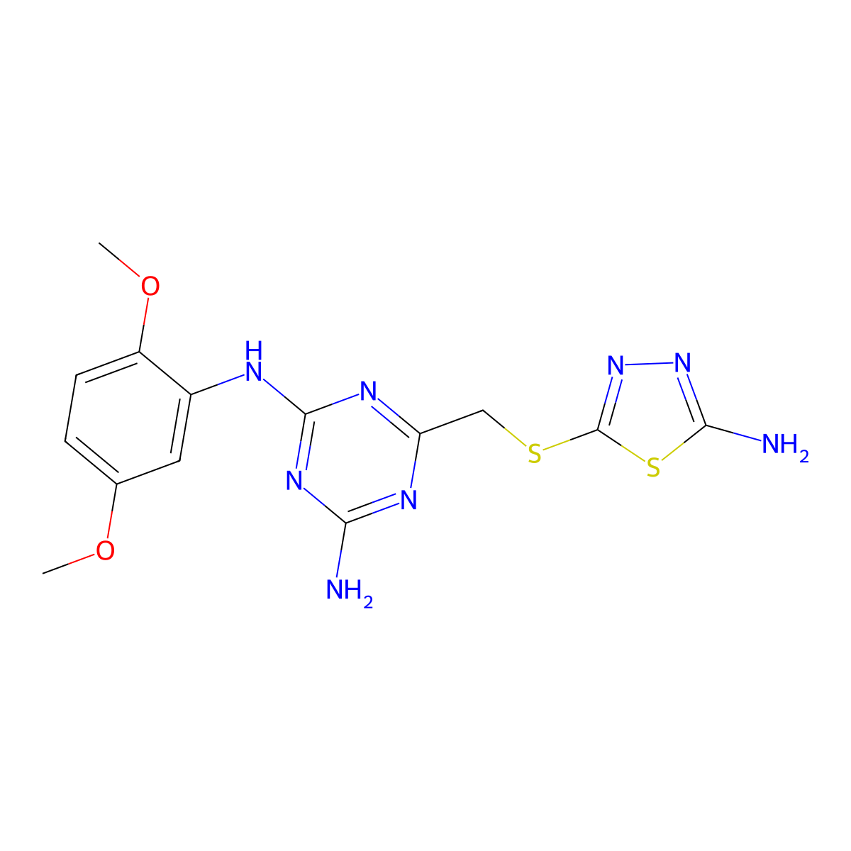 6-{[(5-amino-1,3,4-thiadiazol-2-yl)sulfanyl]methyl}-N-(2,5-dimethoxyphenyl)-1,3,5-triazine-2,4-diamine molecular structure, CAS 714944-22-6