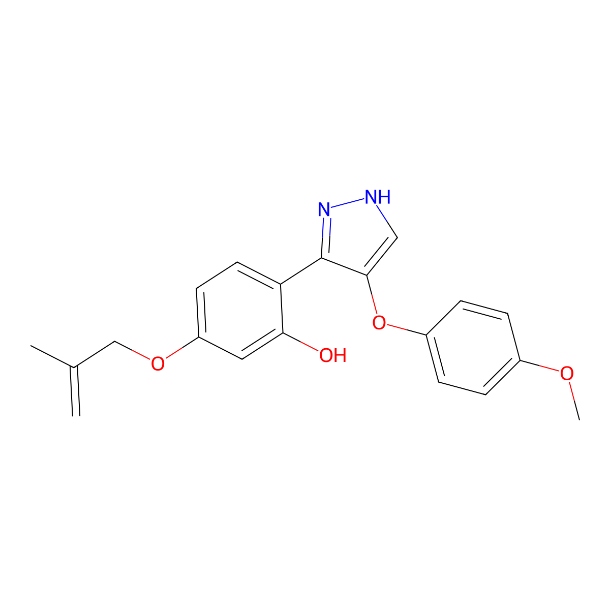 2-(4-(4-methoxyphenoxy)-1H-pyrazol-3-yl)-5-((2-methylallyl)oxy)phenol molecular structure, CAS 714947-19-0