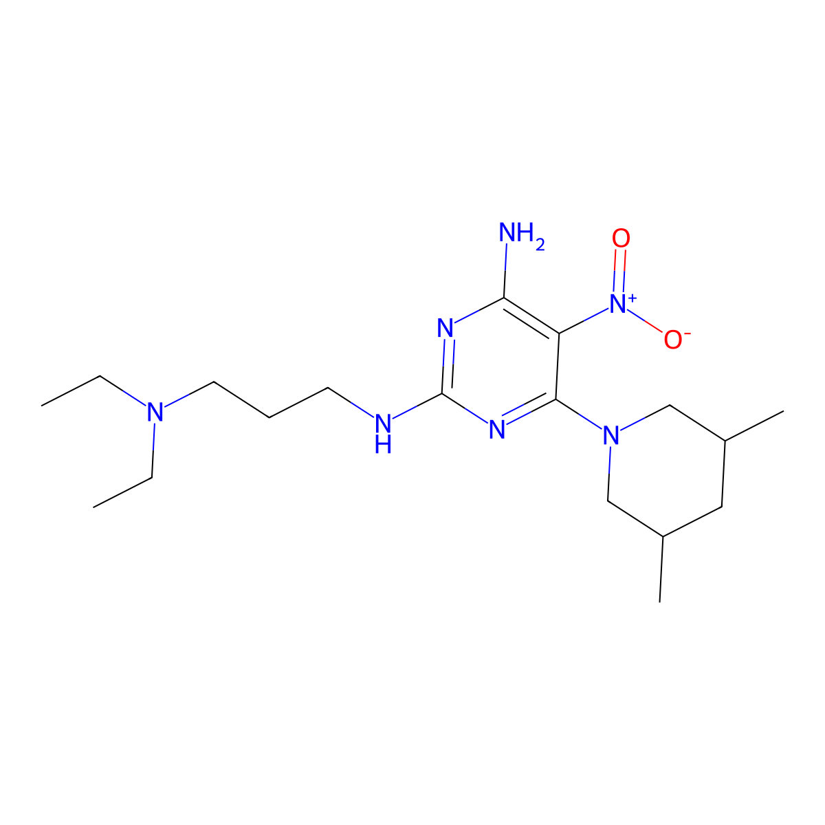 N2-(3-(diethylamino)propyl)-6-(3,5-dimethylpiperidin-1-yl)-5-nitropyrimidine-2,4-diamine molecular structure, CAS 714948-44-4
