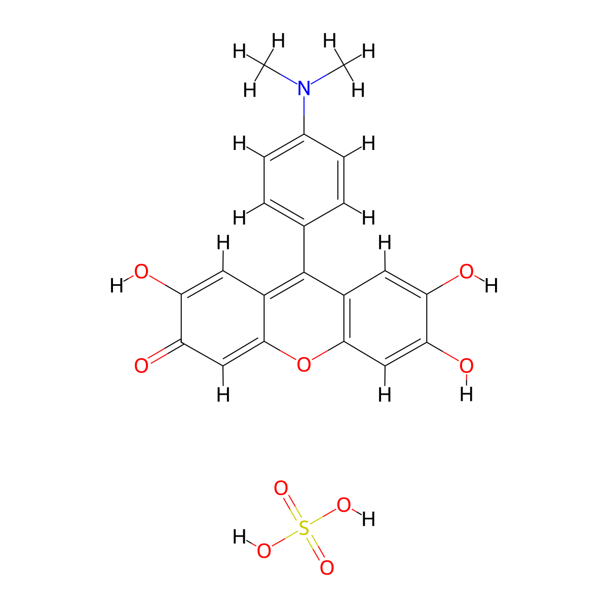 3H-Xanthen-3-one, 9-(4-(dimethylamino)phenyl)-2,6,7-trihydroxy-, sulfate (1:1) (salt) molecular structure, CAS 71501-19-4
