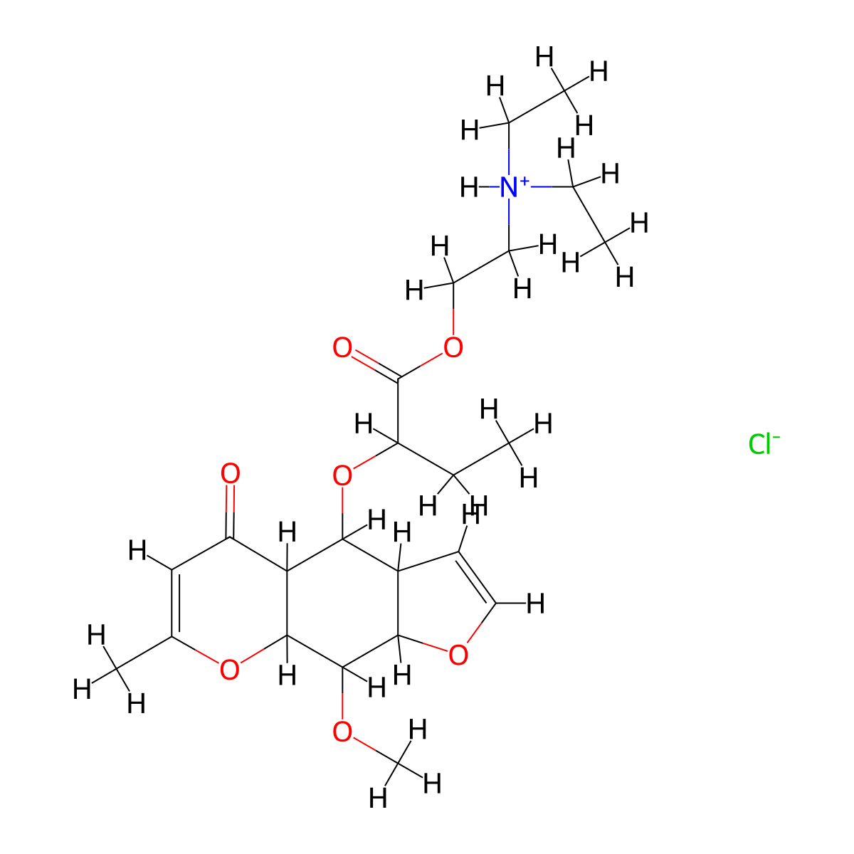 Butyric acid, 2-((9-methoxy-7-methyl-5-oxo-3a,4,4a,8,9,9a-hexahydro-5H-furo(3,2-g)(1)benzopyran-4-yl)oxy)-, 2-(diethylamino)ethyl ester, hydrochloride molecular structure, CAS 71510-44-6