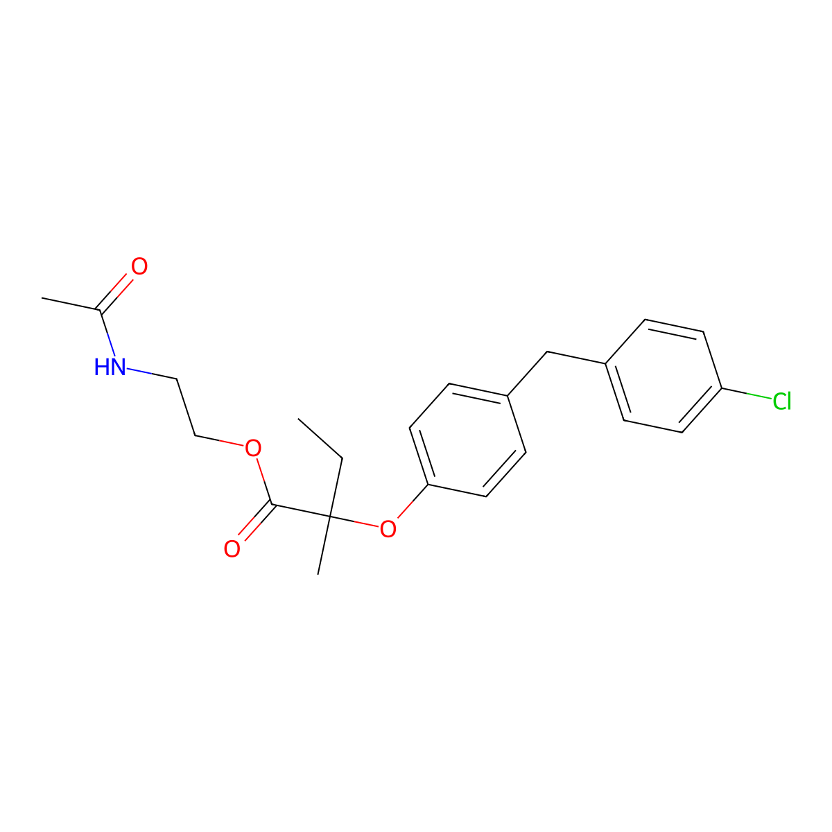 Butyric acid, 2-(4-(4-chlorobenzyl)phenoxy)-2-methyl-, 2-acetamidoethyl ester, (+-)- molecular structure, CAS 71548-70-4