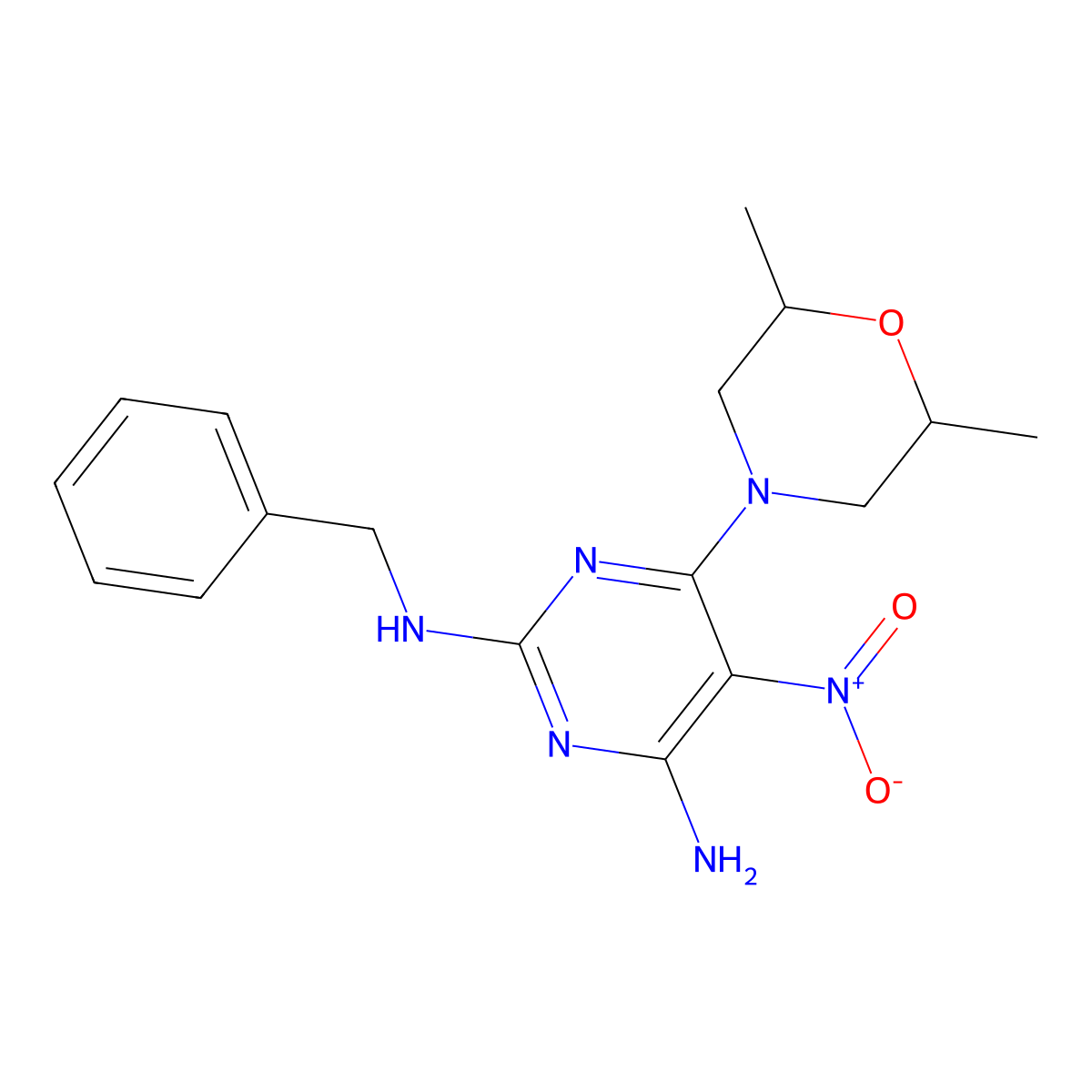 N2-benzyl-6-(2,6-dimethylmorpholino)-5-nitropyrimidine-2,4-diamine molecular structure, CAS 716335-59-0