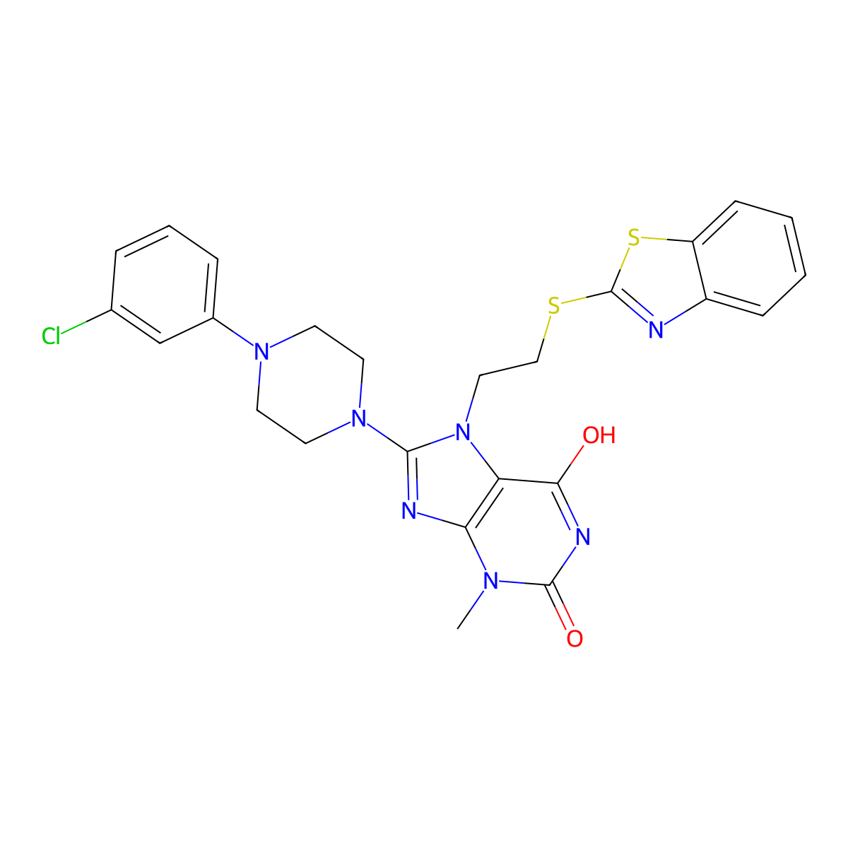 7-(2-(benzo[d]thiazol-2-ylthio)ethyl)-8-(4-(3-chlorophenyl)piperazin-1-yl)-3-methyl-1H-purine-2,6(3H,7H)-dione molecular structure, CAS 716339-99-0