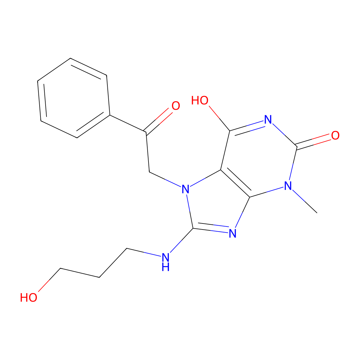 8-((3-hydroxypropyl)amino)-3-methyl-7-(2-oxo-2-phenylethyl)-1H-purine-2,6(3H,7H)-dione molecular structure, CAS 716341-95-6