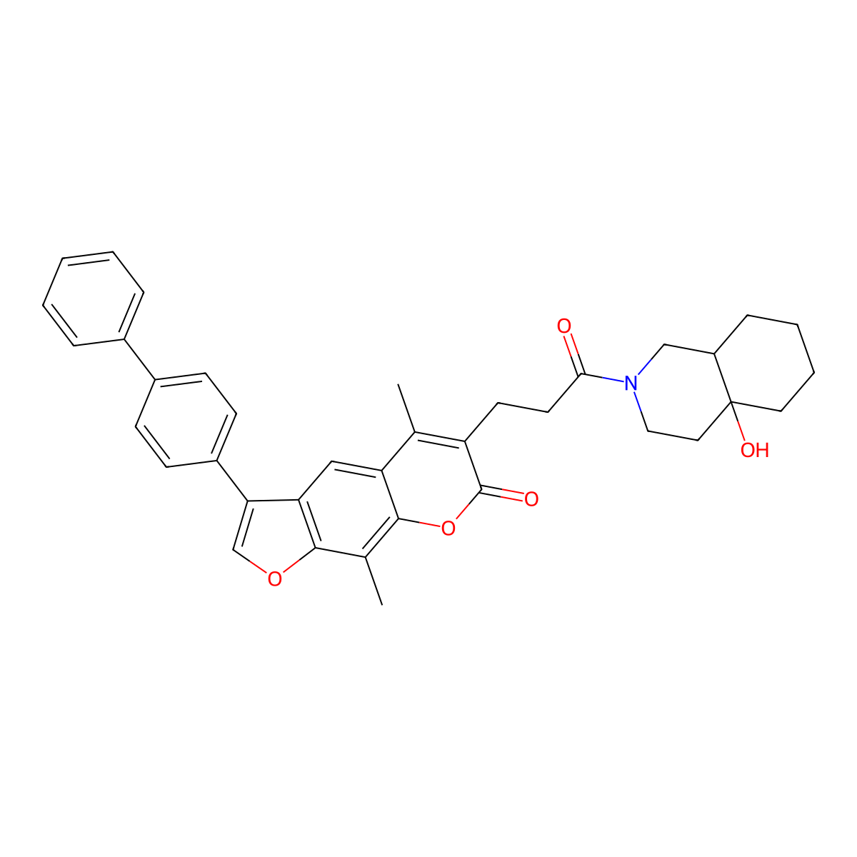 3-([1,1'-biphenyl]-4-yl)-6-(3-(4a-hydroxyoctahydroisoquinolin-2(1H)-yl)-3-oxopropyl)-5,9-dimethyl-7H-furo[3,2-g]chromen-7-one molecular structure, CAS 716342-74-4