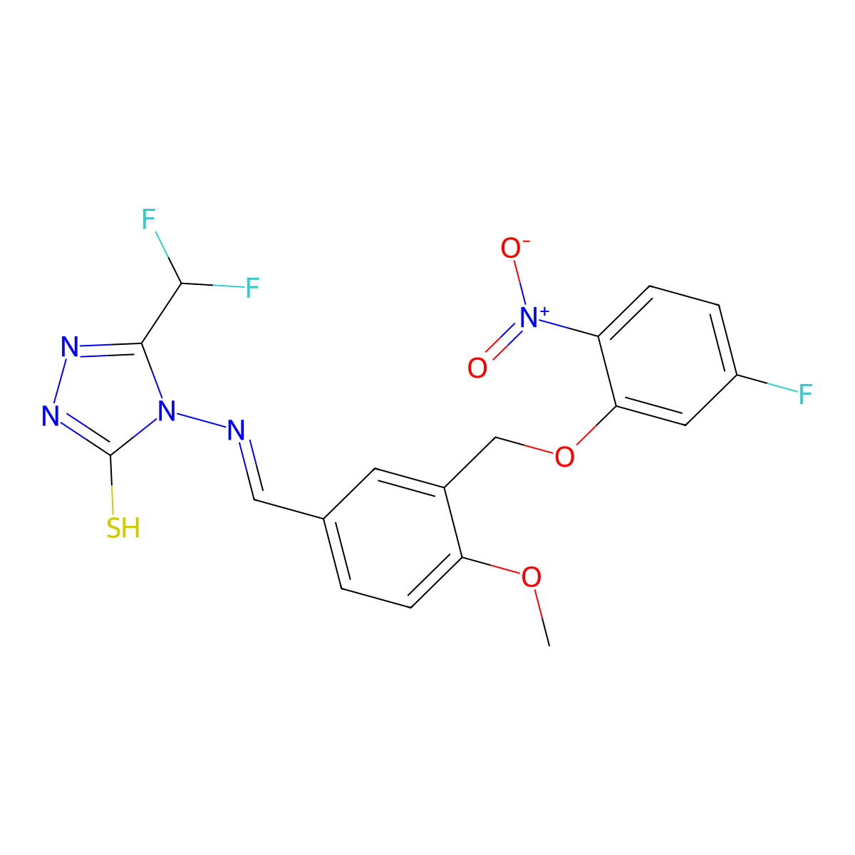 3-(difluoromethyl)-4-[[3-[(5-fluoro-2-nitrophenoxy)methyl]-4-methoxyphenyl]methylideneamino]-1H-1,2,4-triazole-5-thione molecular structure, CAS 7166-87-2