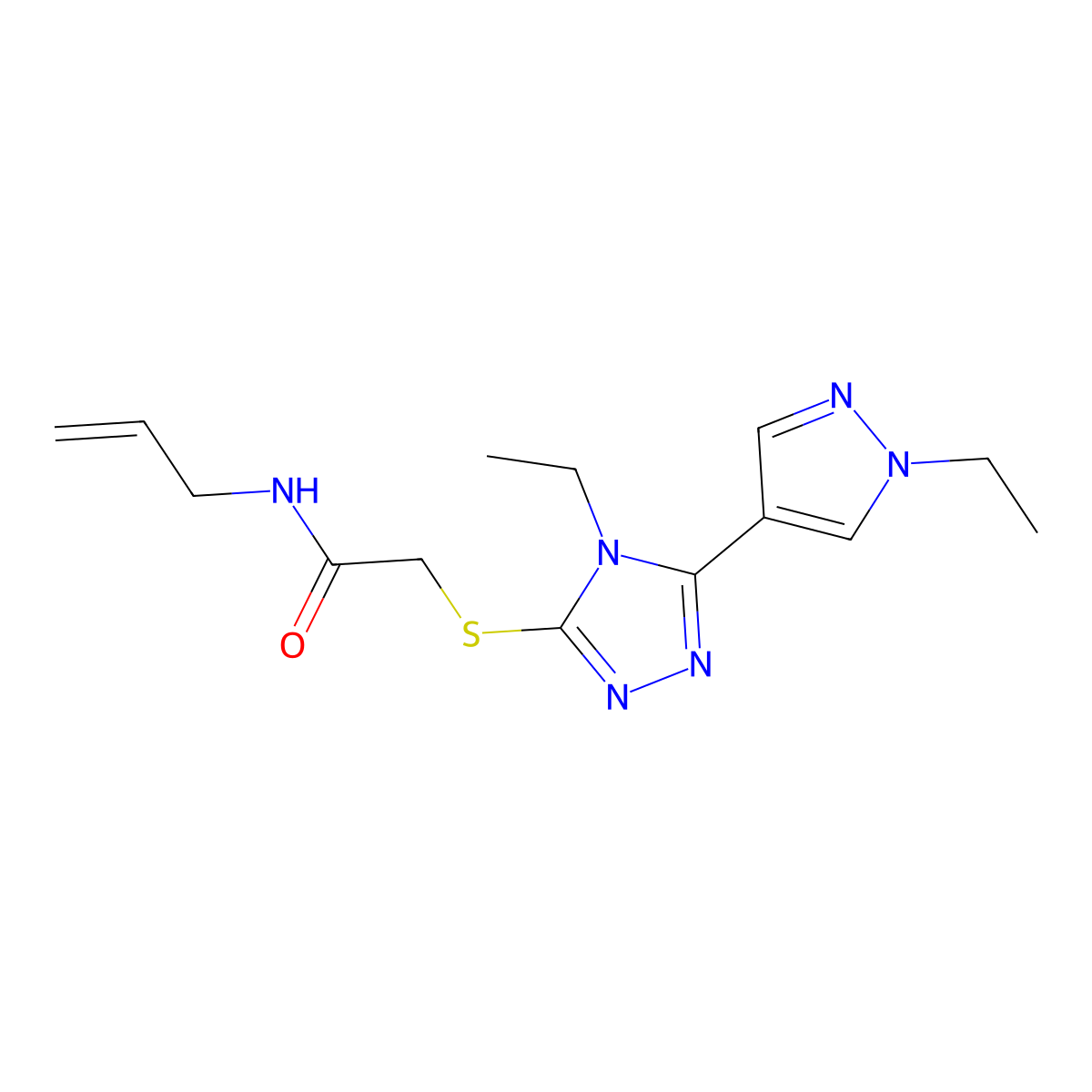 2-{[4-ethyl-5-(1-ethyl-1H-pyrazol-4-yl)-4H-1,2,4-triazol-3-yl]sulfanyl}-N-(prop-2-en-1-yl)acetamide molecular structure, CAS 7167-05-7