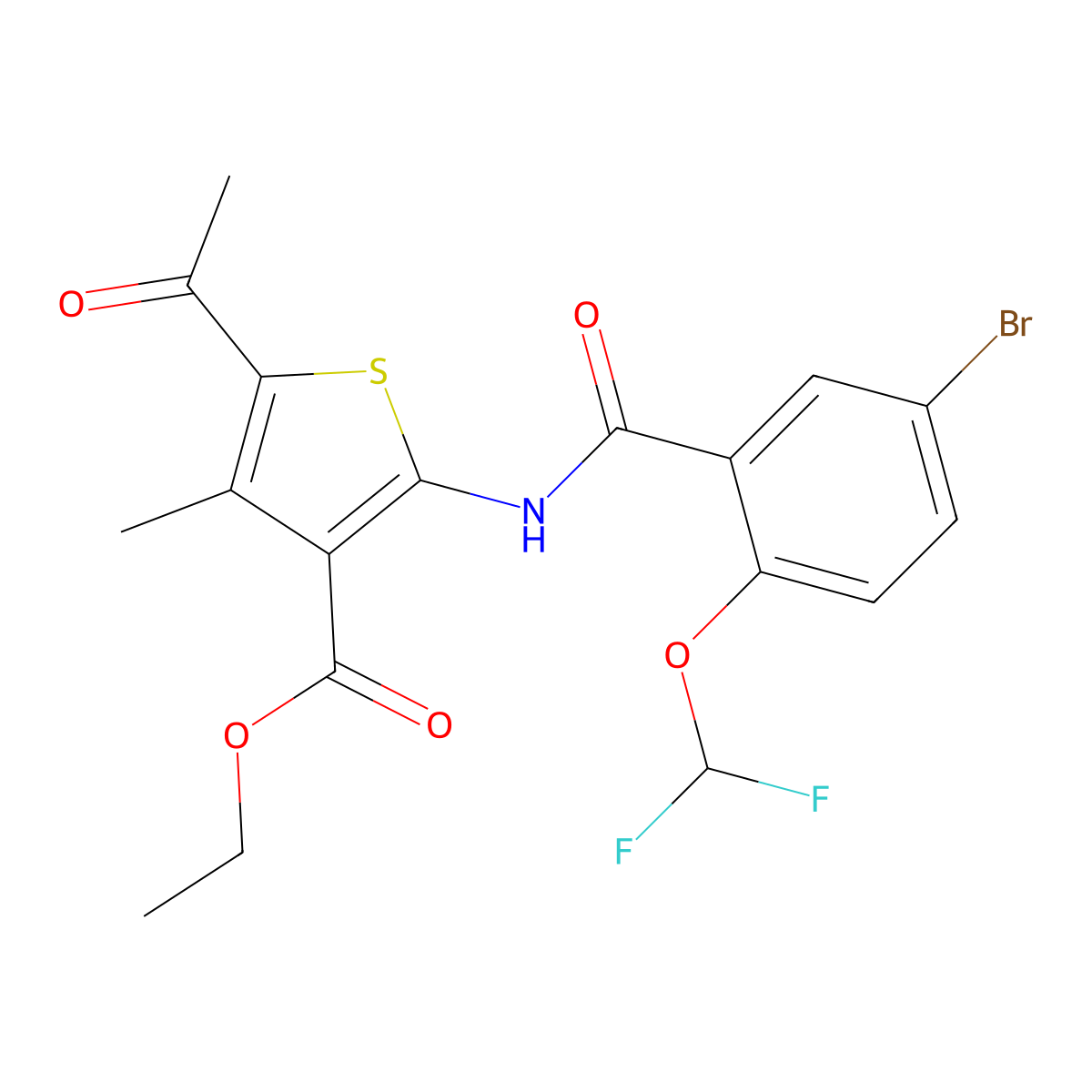 Ethyl 5-acetyl-2-[[5-bromo-2-(difluoromethoxy)benzoyl]amino]-4-methyl-thiophene-3-carboxylate molecular structure, CAS 7167-22-8