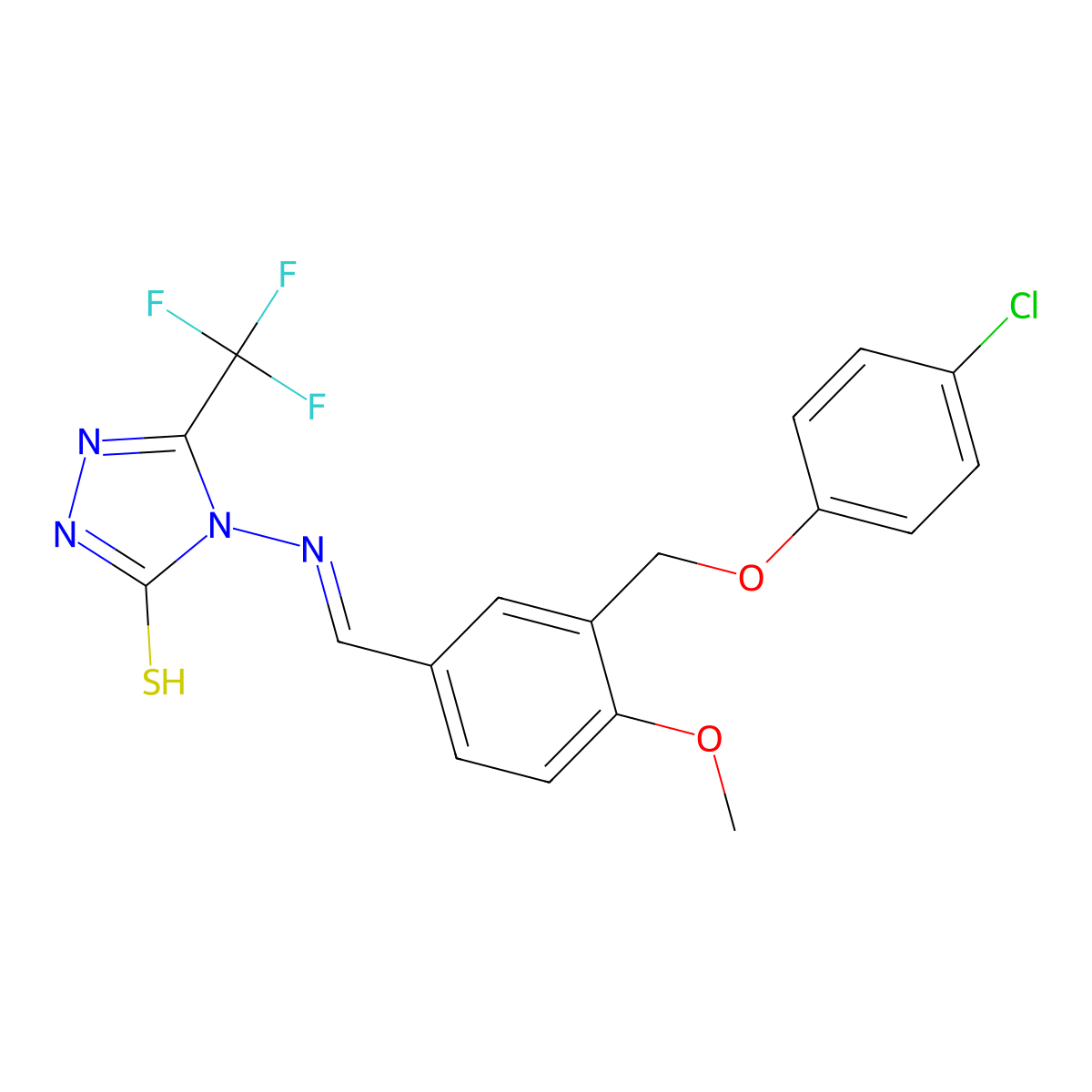4-[({3-[(4-Chlorophenoxy)methyl]-4-methoxyphenyl}methylidene)amino]-5-(trifluoromethyl)-2,4-dihydro-3H-1,2,4-triazole-3-thione molecular structure, CAS 7167-23-9
