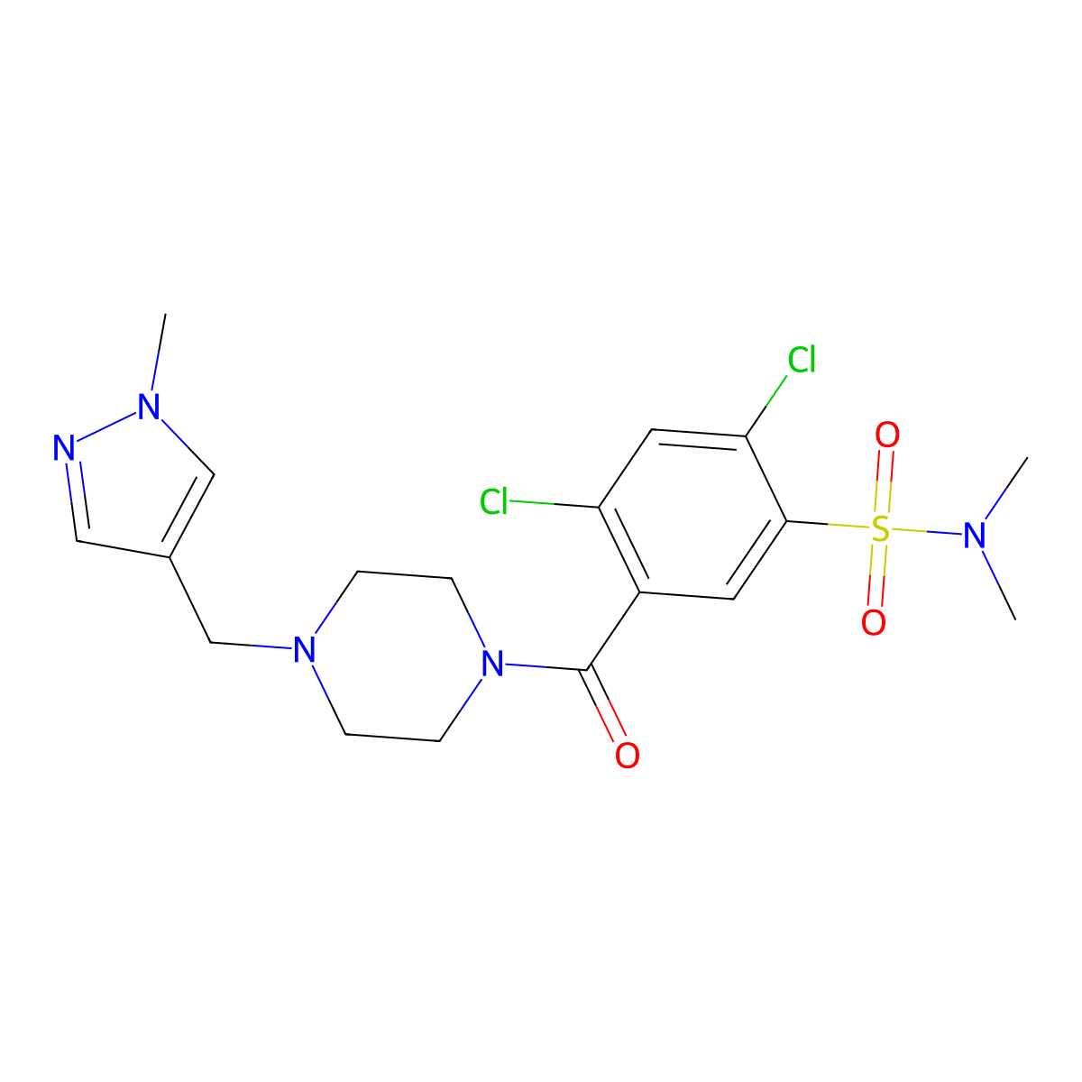 2,4-dichloro-N,N-dimethyl-5-[4-[(1-methylpyrazol-4-yl)methyl]piperazine-1-carbonyl]benzenesulfonamide molecular structure, CAS 7167-38-6