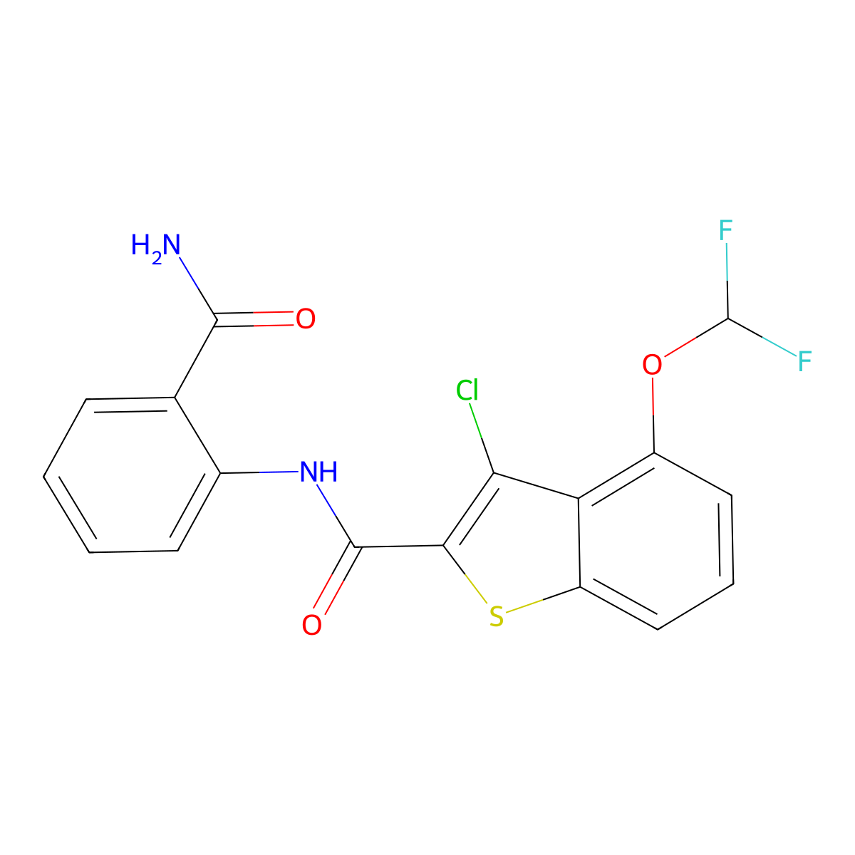 N-(2-carbamoylphenyl)-3-chloro-4-(difluoromethoxy)benzothiophene-2-carboxamide molecular structure, CAS 7168-08-3
