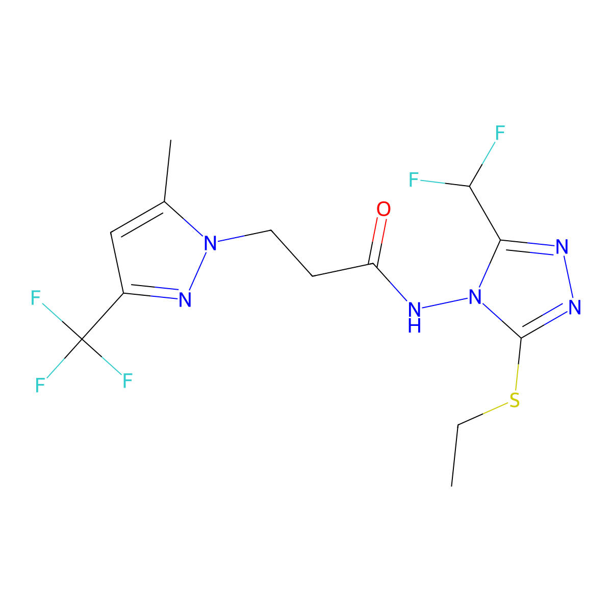 N-[3-(difluoromethyl)-5-(ethylsulfanyl)-4H-1,2,4-triazol-4-yl]-3-[5-methyl-3-(trifluoromethyl)-1H-pyrazol-1-yl]propanamide molecular structure, CAS 7168-10-7
