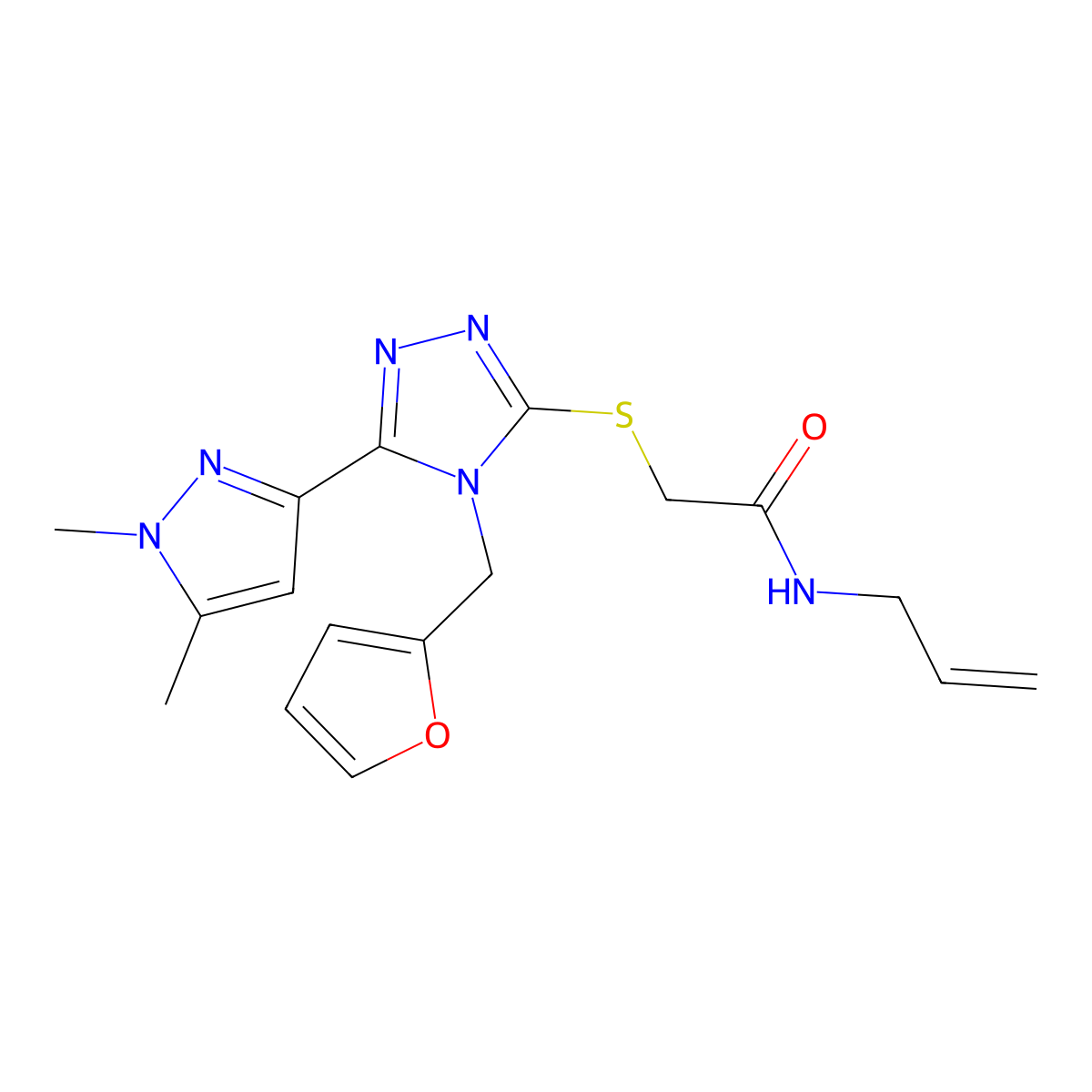 2-({5-(1,5-Dimethyl-1H-pyrazol-3-yl)-4-[(furan-2-yl)methyl]-4H-1,2,4-triazol-3-yl}sulfanyl)-N-(prop-2-en-1-yl)acetamide molecular structure, CAS 7168-12-9