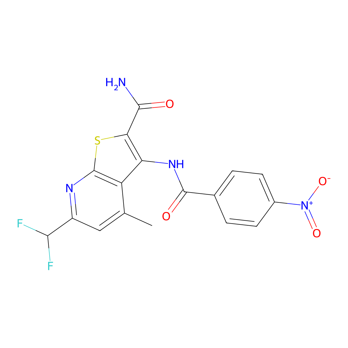 6-(Difluoromethyl)-4-methyl-3-[(4-nitrobenzoyl)amino]thieno[2,3-b]pyridine-2-carboxamide molecular structure, CAS 7168-21-0