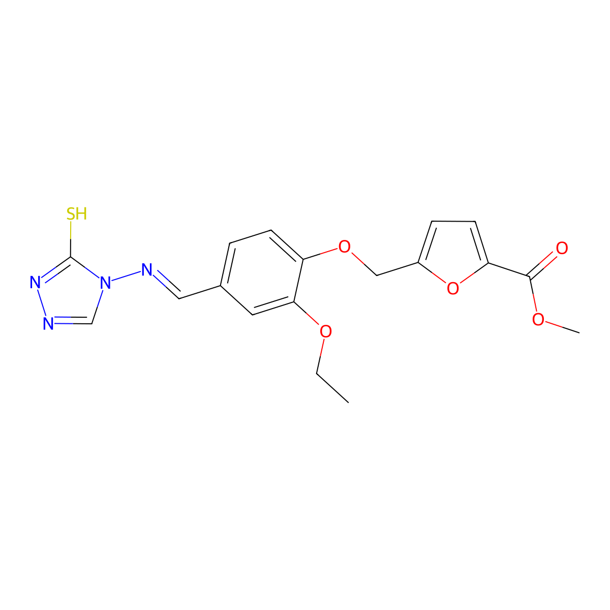 Methyl 5-[(2-ethoxy-4-{[(5-sulfanylidene-1,5-dihydro-4H-1,2,4-triazol-4-yl)imino]methyl}phenoxy)methyl]furan-2-carboxylate molecular structure, CAS 7168-25-4