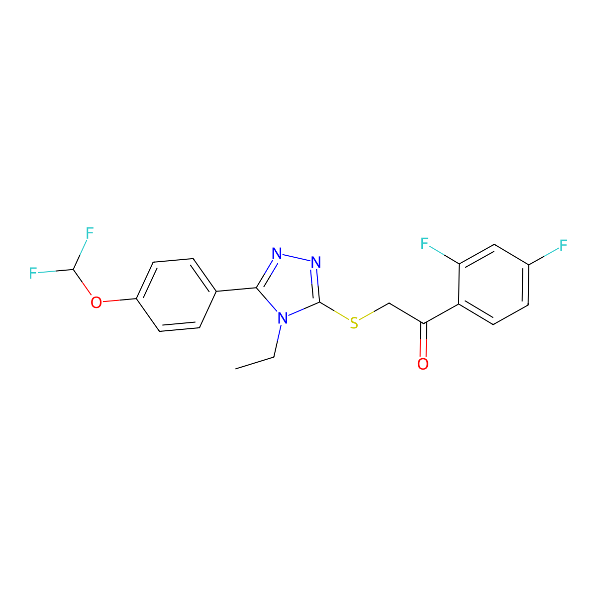 2-[[5-[4-(Difluoromethoxy)phenyl]-4-ethyl-1,2,4-triazol-3-yl]sulfanyl]-1-(2,4-difluorophenyl)ethanone molecular structure, CAS 7168-29-8