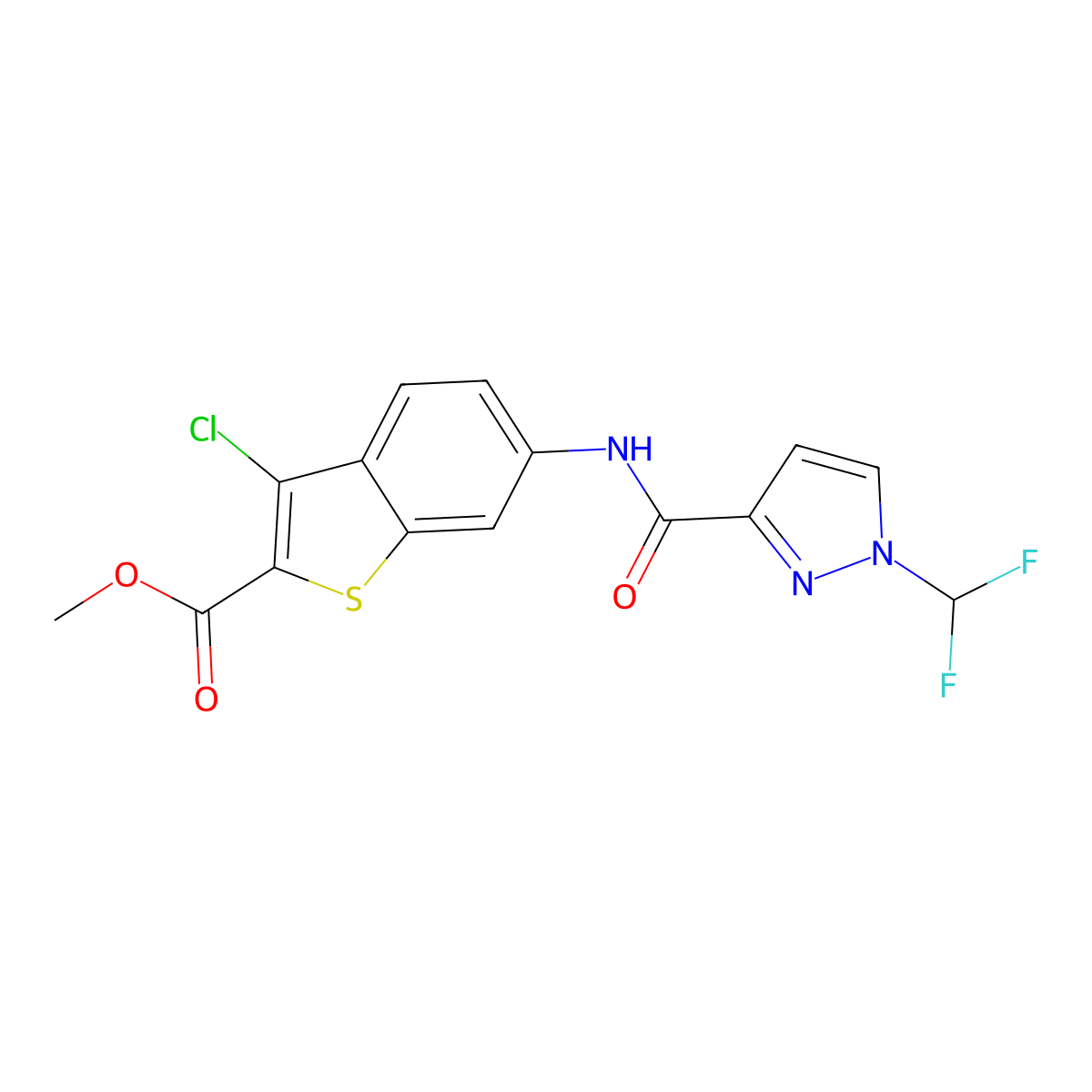 Methyl 3-chloro-6-[[1-(difluoromethyl)pyrazole-3-carbonyl]amino]benzothiophene-2-carboxylate molecular structure, CAS 7169-27-9