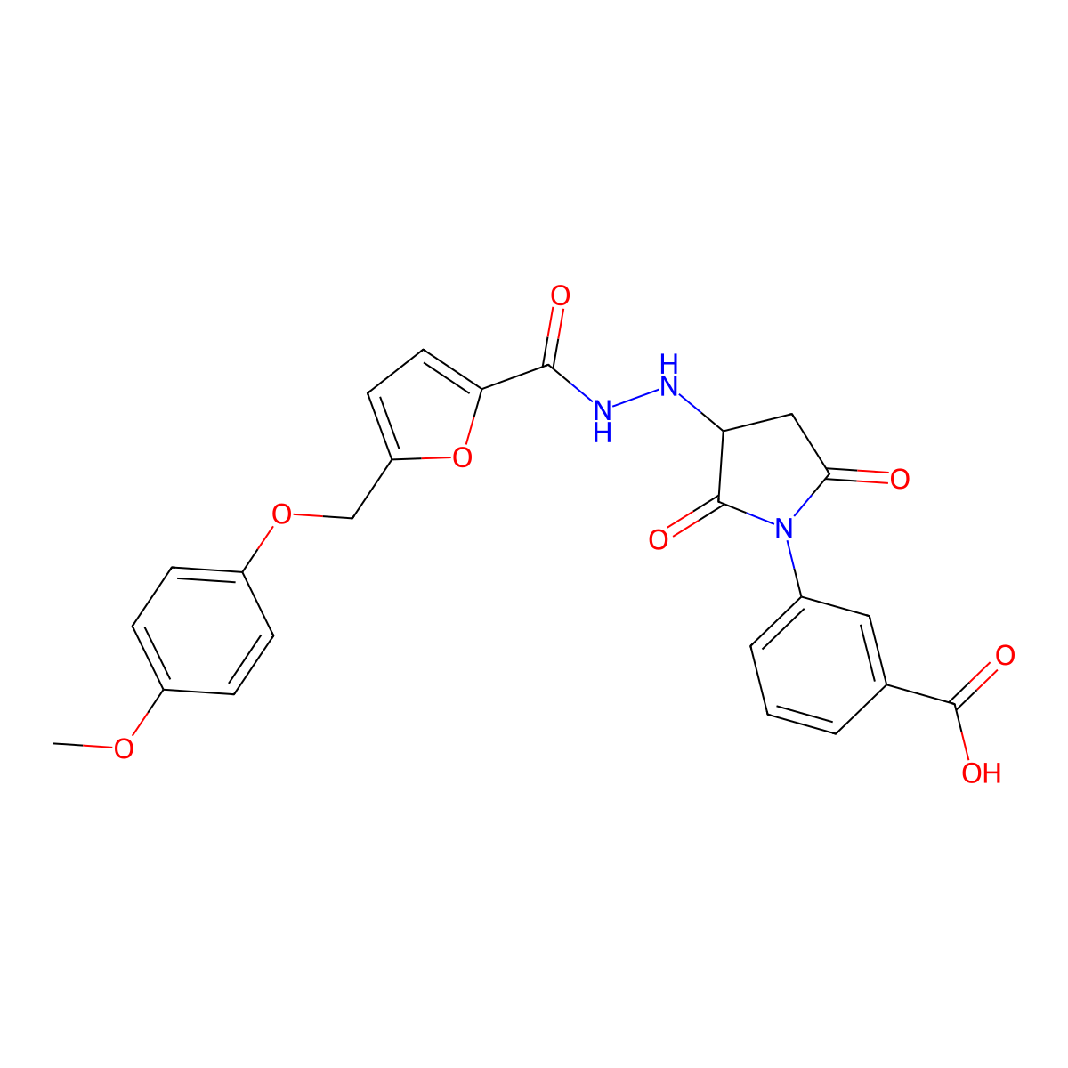 3-[3-[2-[5-[(4-Methoxyphenoxy)methyl]furan-2-carbonyl]hydrazinyl]-2,5-dioxopyrrolidin-1-yl]benzoic acid molecular structure, CAS 7169-28-0
