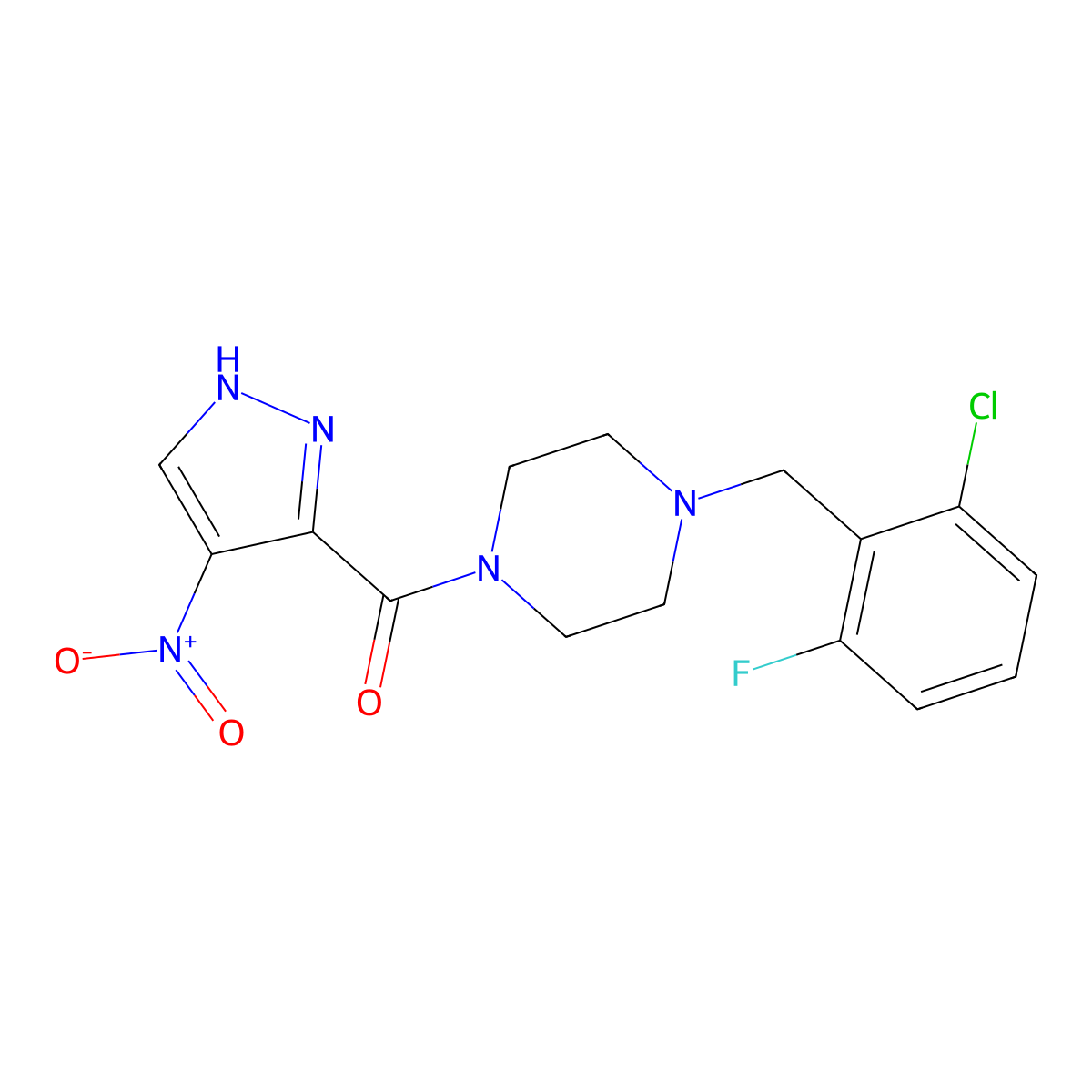 {4-[(2-Chloro-6-fluorophenyl)methyl]piperazin-1-yl}(4-nitro-1H-pyrazol-5-yl)methanone molecular structure, CAS 7169-32-6