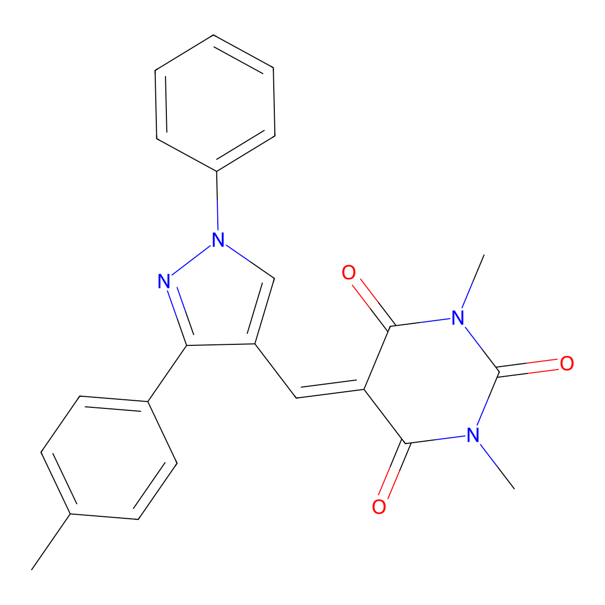 1,3-dimethyl-5-{[3-(4-methylphenyl)-1-phenyl-1H-pyrazol-4-yl]methylidene}-1,3-diazinane-2,4,6-trione molecular structure, CAS 717097-51-3